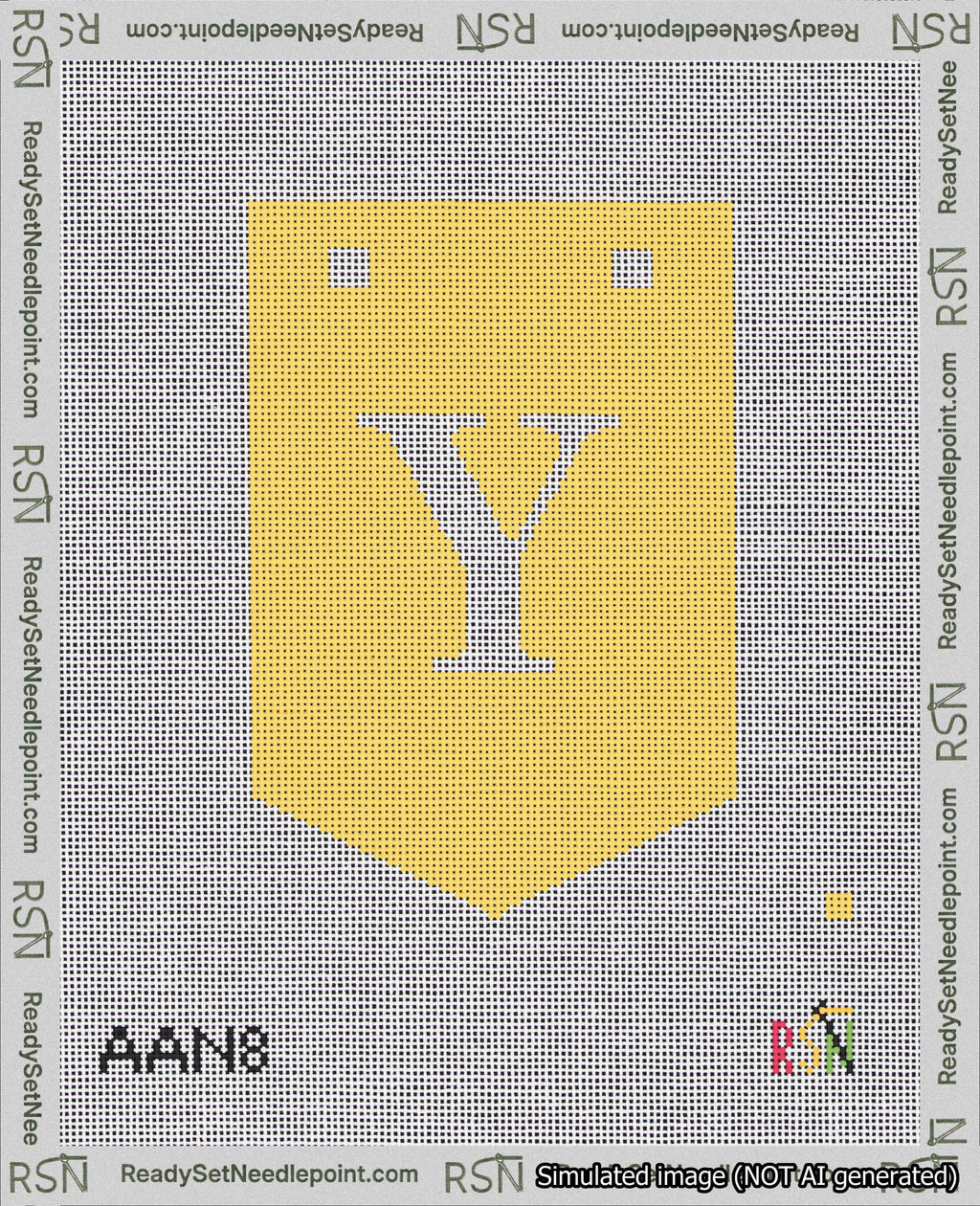 A taped needlepoint canvas with the design: Banner 18 mesh count Pointed Y White on Yellow.