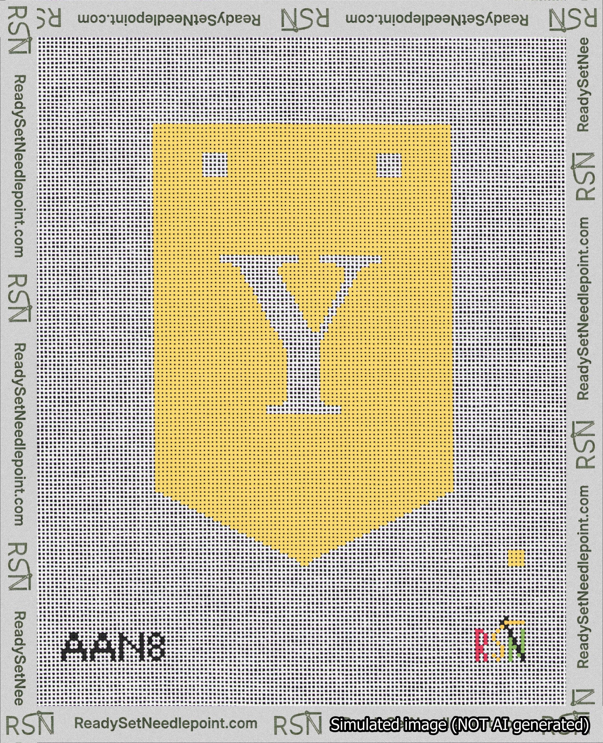 A taped needlepoint canvas with the design: Banner 18 mesh count Pointed Y White on Yellow.
