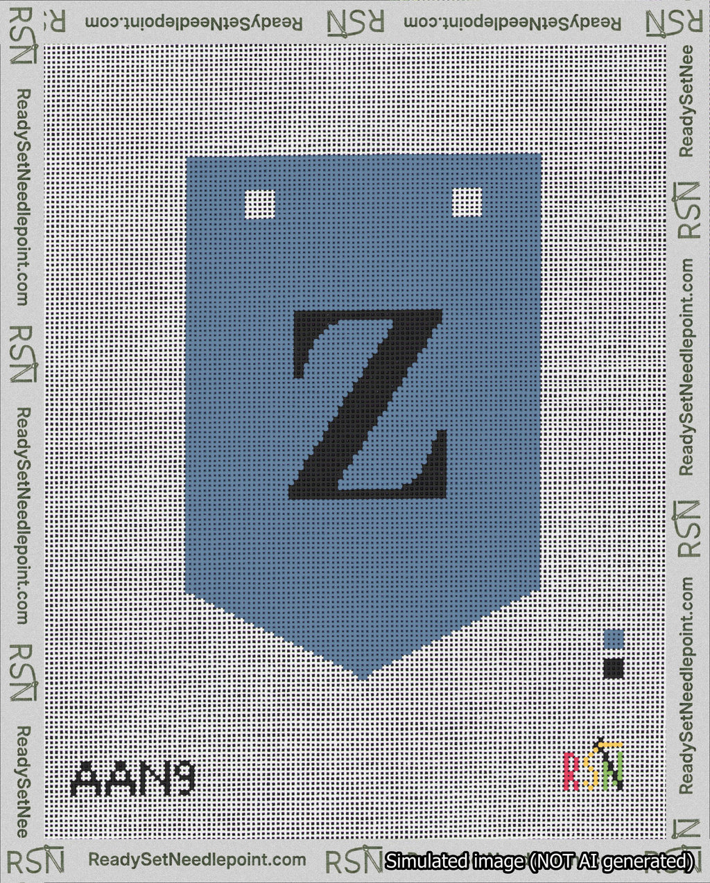 A taped needlepoint canvas with the design: Banner 18 mesh count Pointed Z Black on Blue.