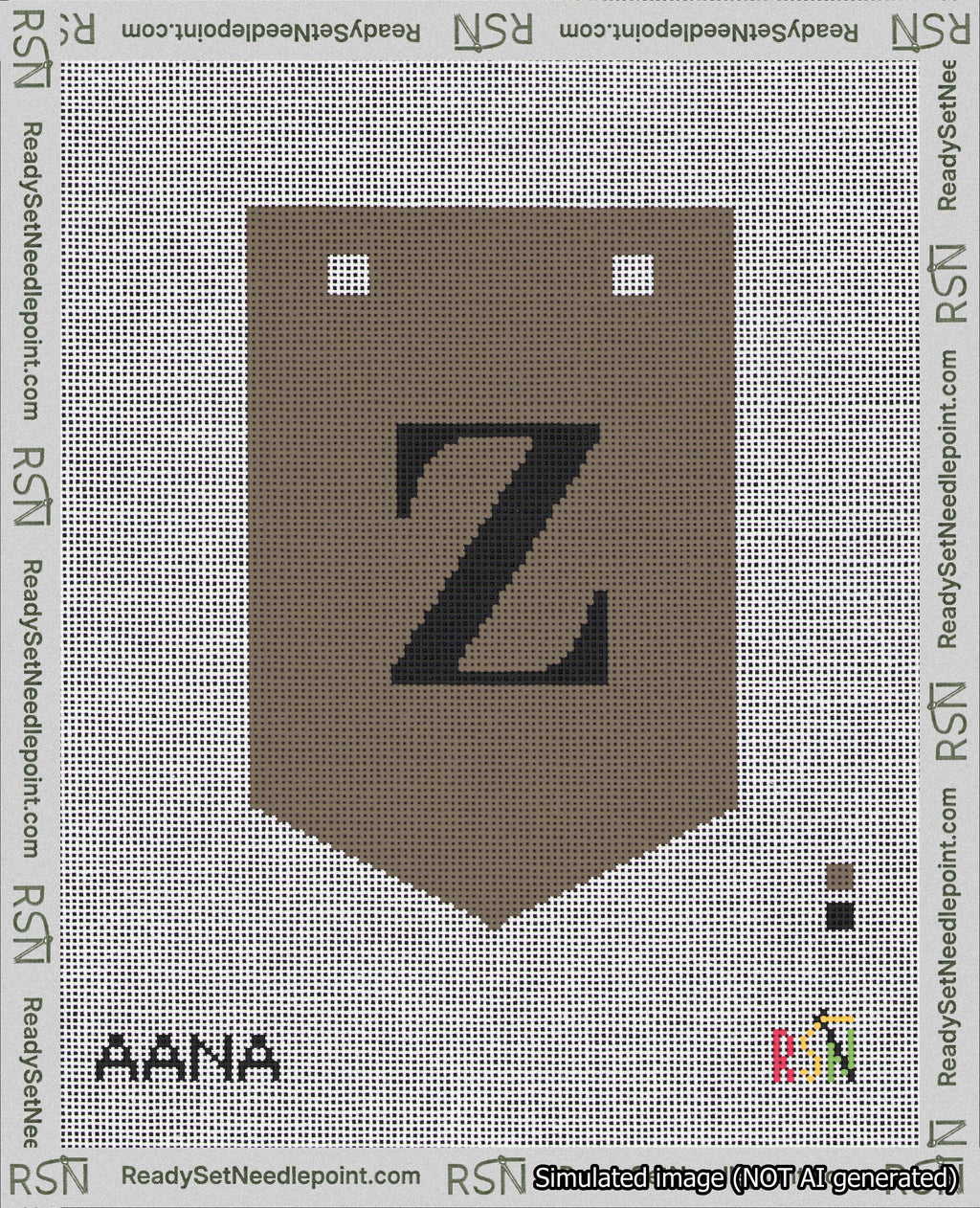 A taped needlepoint canvas with the design: Banner 18 mesh count Pointed Z Black on Brown.