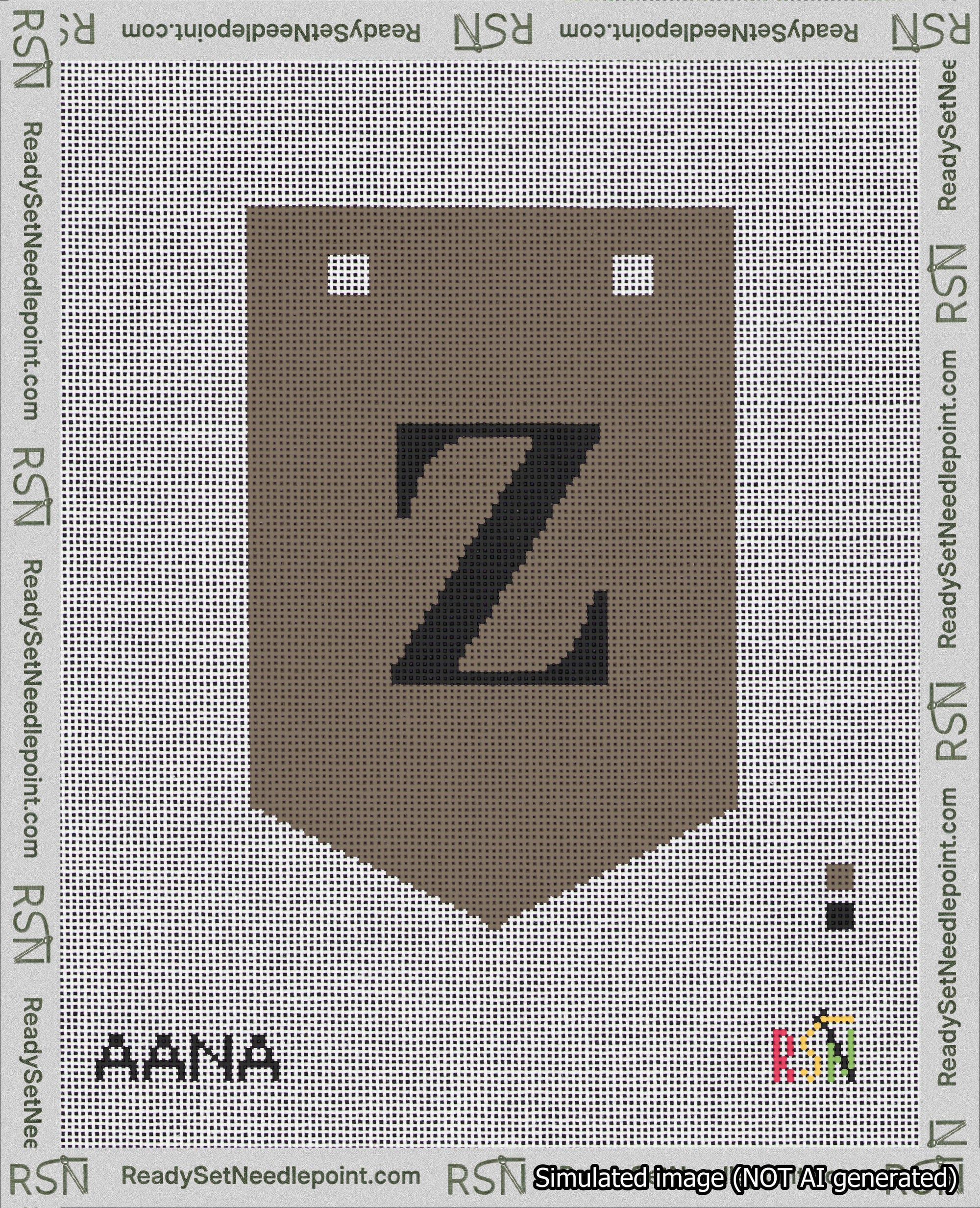 A taped needlepoint canvas with the design: Banner 18 mesh count Pointed Z Black on Brown.
