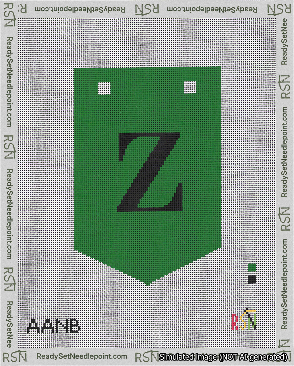 A taped needlepoint canvas with the design: Banner 18 mesh count Pointed Z Black on Green.