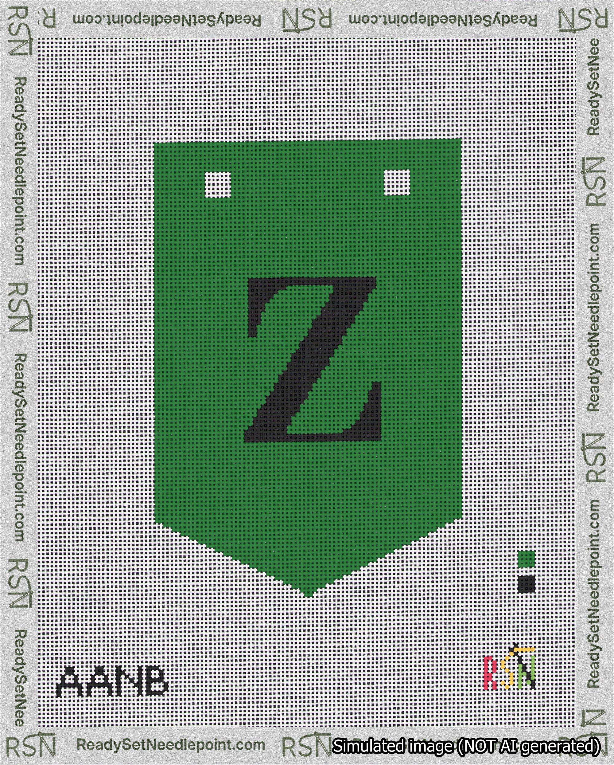 A taped needlepoint canvas with the design: Banner 18 mesh count Pointed Z Black on Green.