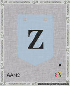 A taped needlepoint canvas with the design: Banner 18 mesh count Pointed Z Black on Light Blue.
