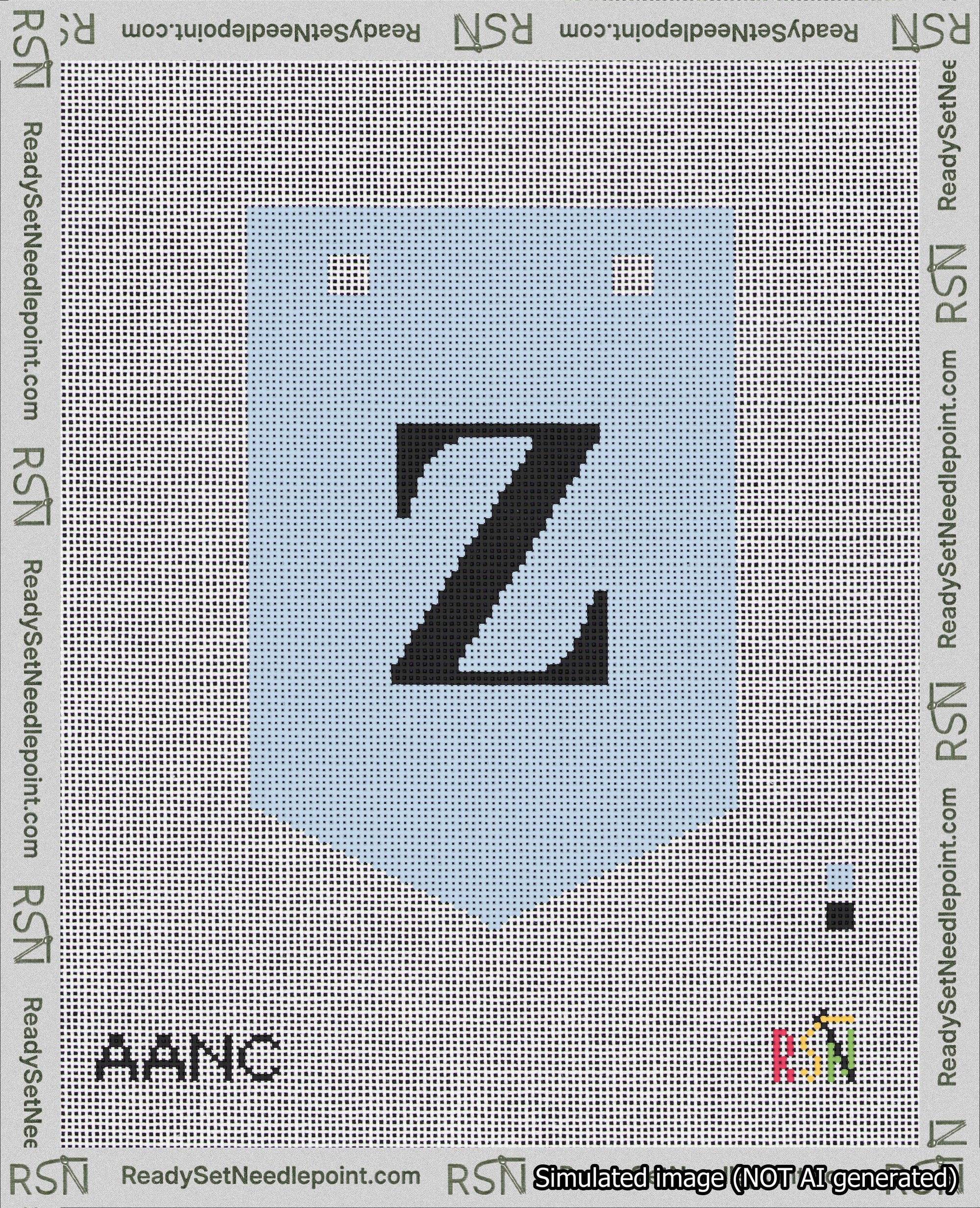 A taped needlepoint canvas with the design: Banner 18 mesh count Pointed Z Black on Light Blue.