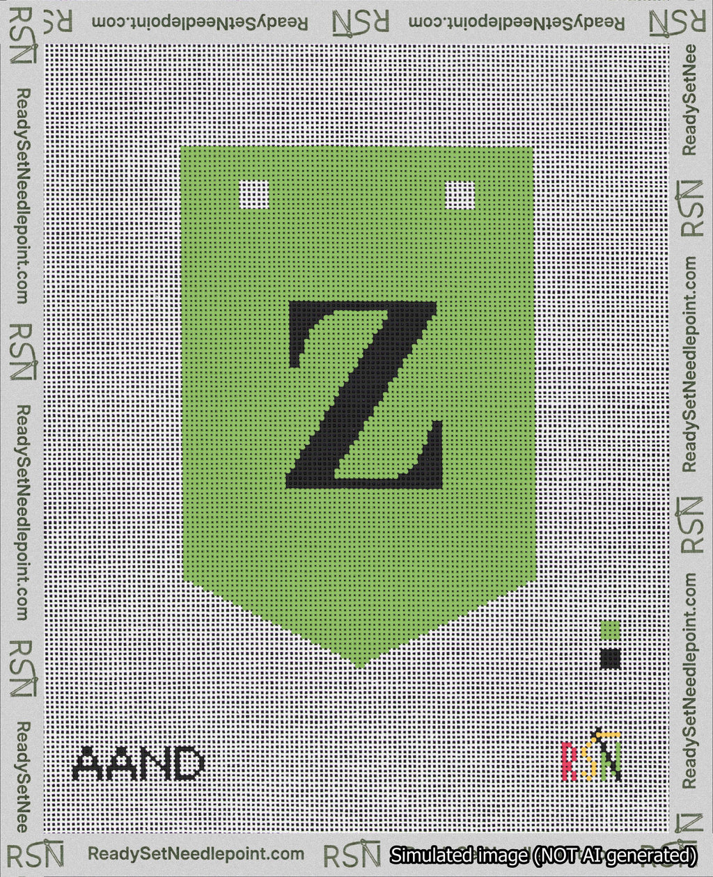 A taped needlepoint canvas with the design: Banner 18 mesh count Pointed Z Black on Light Green.