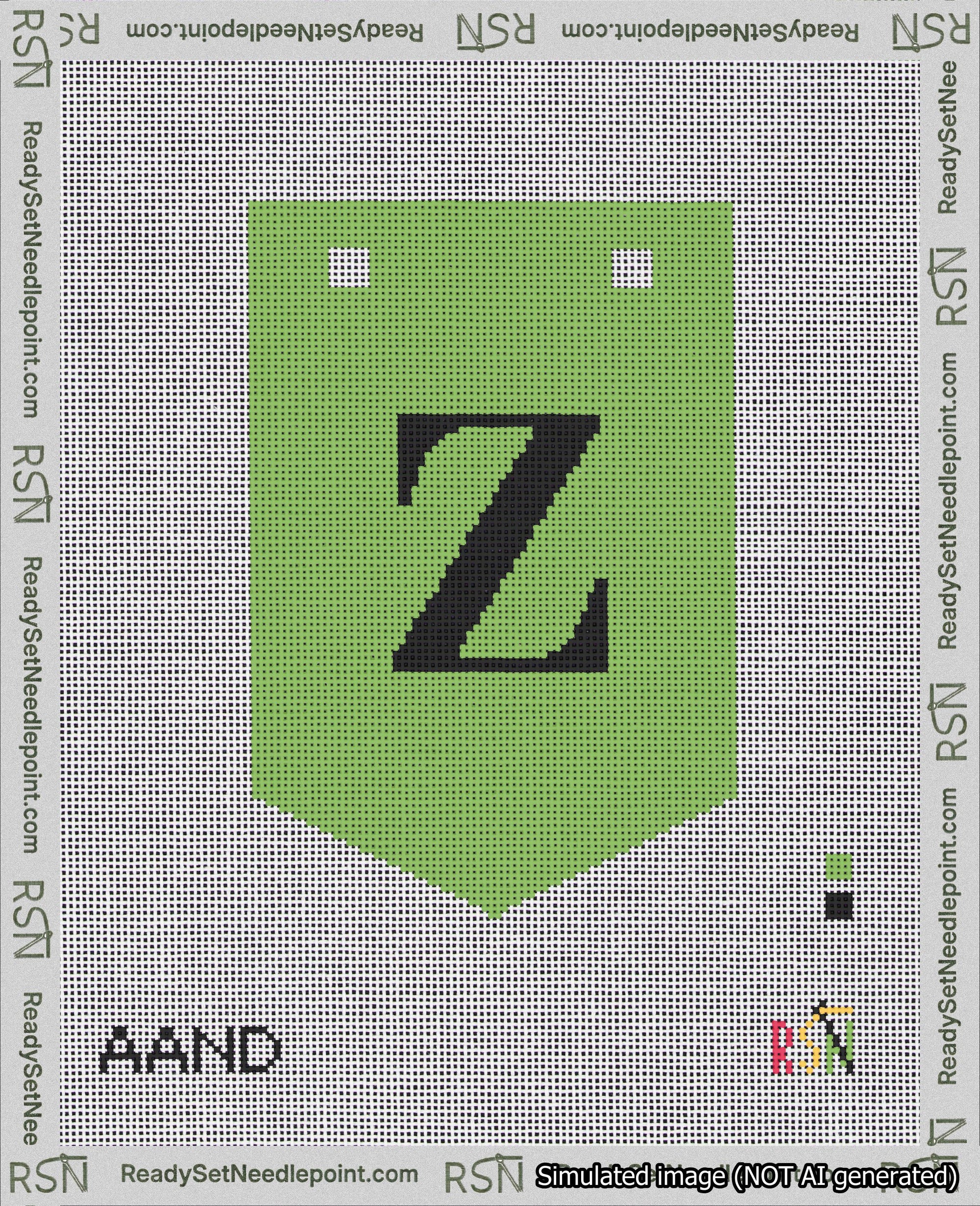 A taped needlepoint canvas with the design: Banner 18 mesh count Pointed Z Black on Light Green.