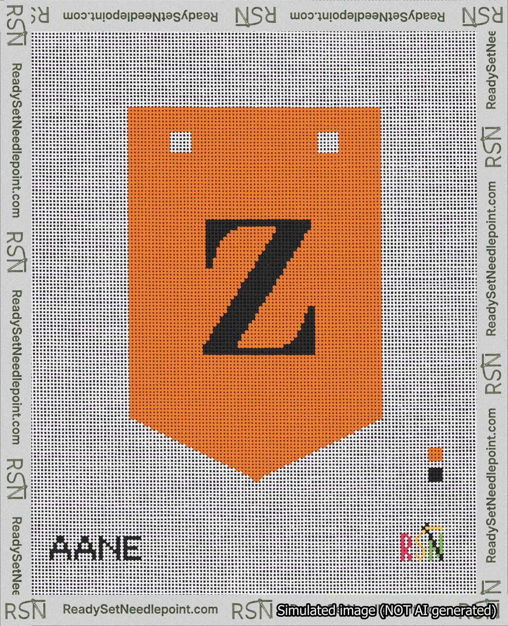 A taped needlepoint canvas with the design: Banner 18 mesh count Pointed Z Black on Orange.