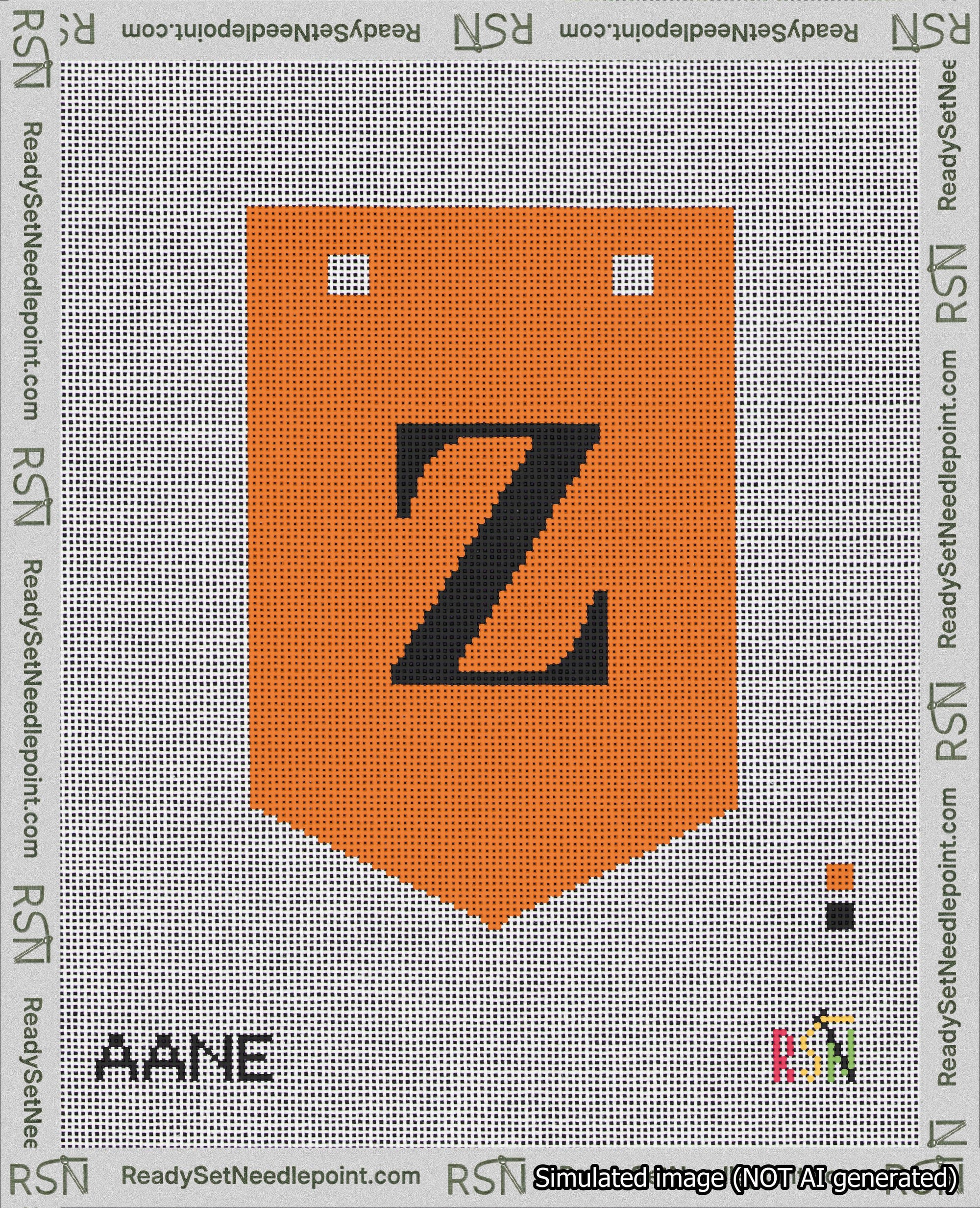 A taped needlepoint canvas with the design: Banner 18 mesh count Pointed Z Black on Orange.