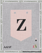 A taped needlepoint canvas with the design: Banner 18 mesh count Pointed Z Black on Pink.