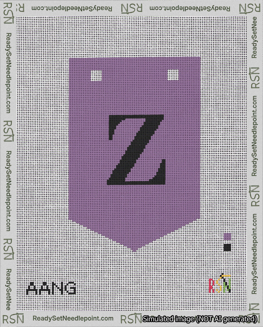 A taped needlepoint canvas with the design: Banner 18 mesh count Pointed Z Black on Purple.