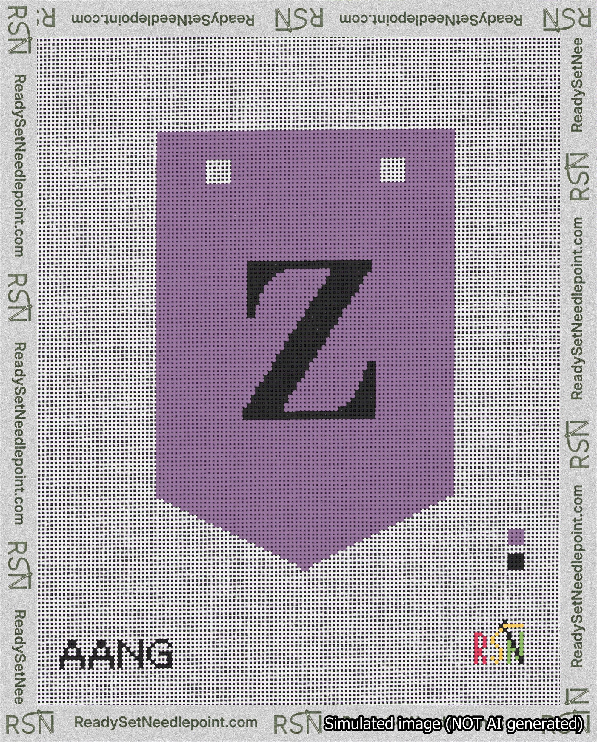 A taped needlepoint canvas with the design: Banner 18 mesh count Pointed Z Black on Purple.