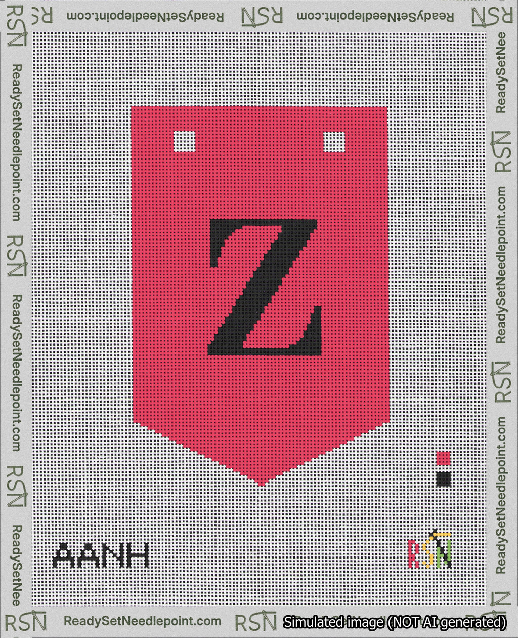 A taped needlepoint canvas with the design: Banner 18 mesh count Pointed Z Black on Red.