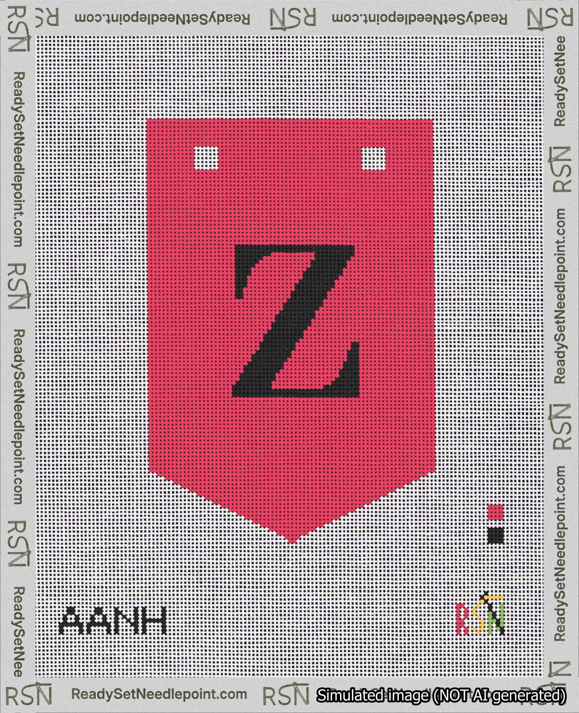 A taped needlepoint canvas with the design: Banner 18 mesh count Pointed Z Black on Red.