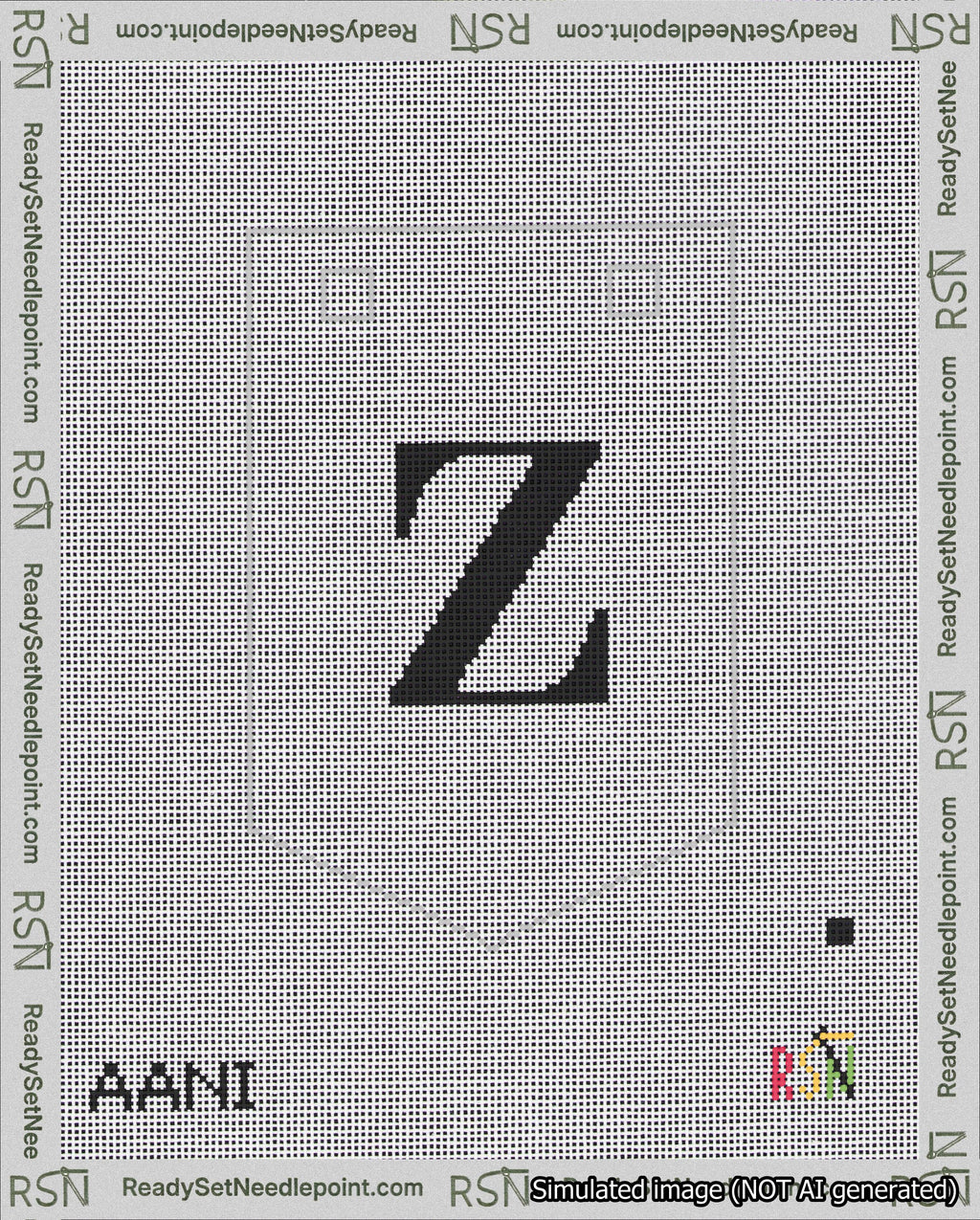 A taped needlepoint canvas with the design: Banner 18 mesh count Pointed Z Black on White.