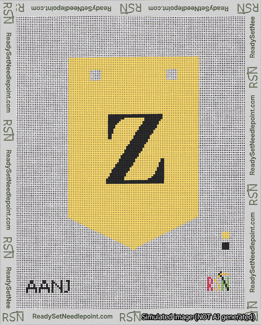 A taped needlepoint canvas with the design: Banner 18 mesh count Pointed Z Black on Yellow.