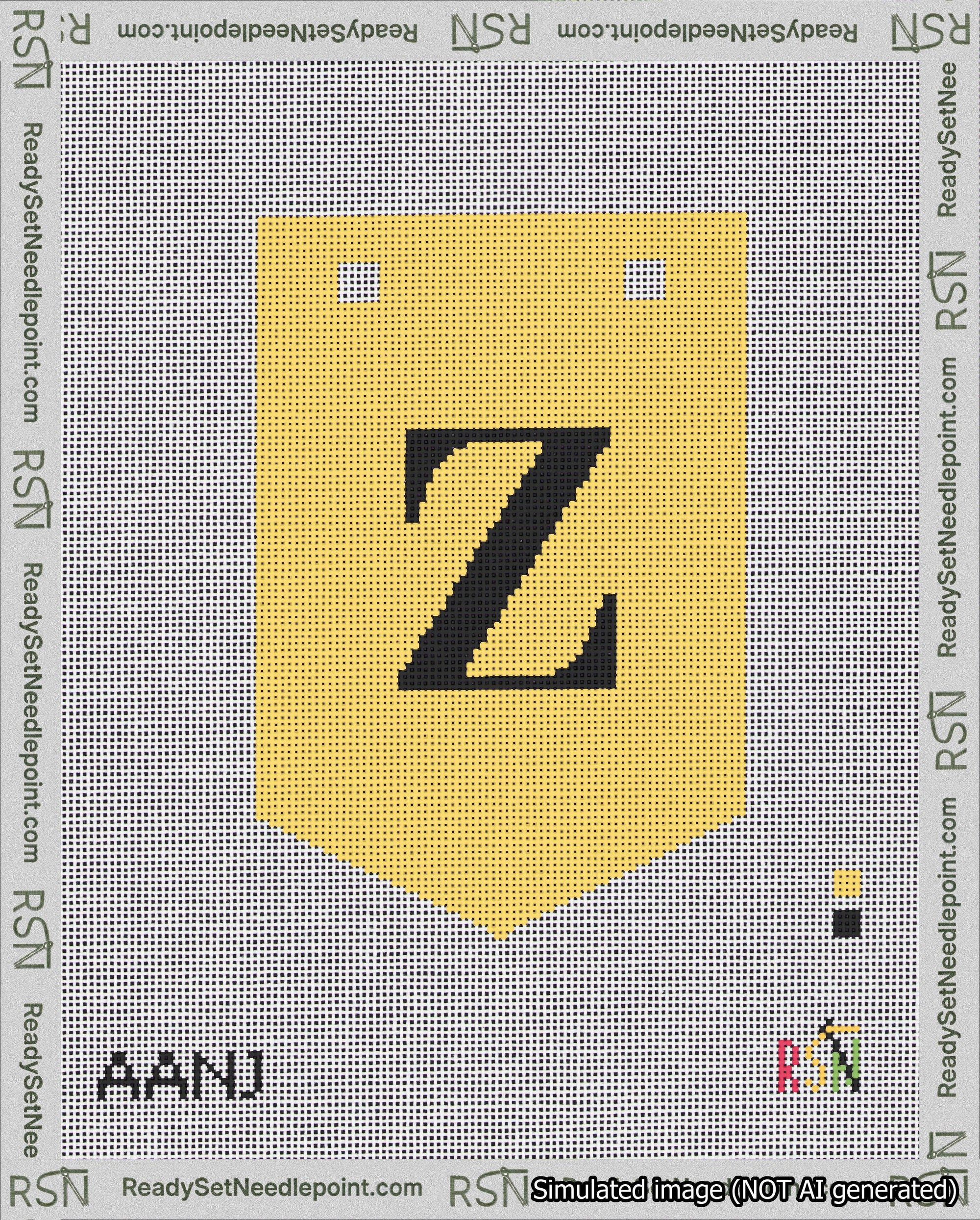 A taped needlepoint canvas with the design: Banner 18 mesh count Pointed Z Black on Yellow.