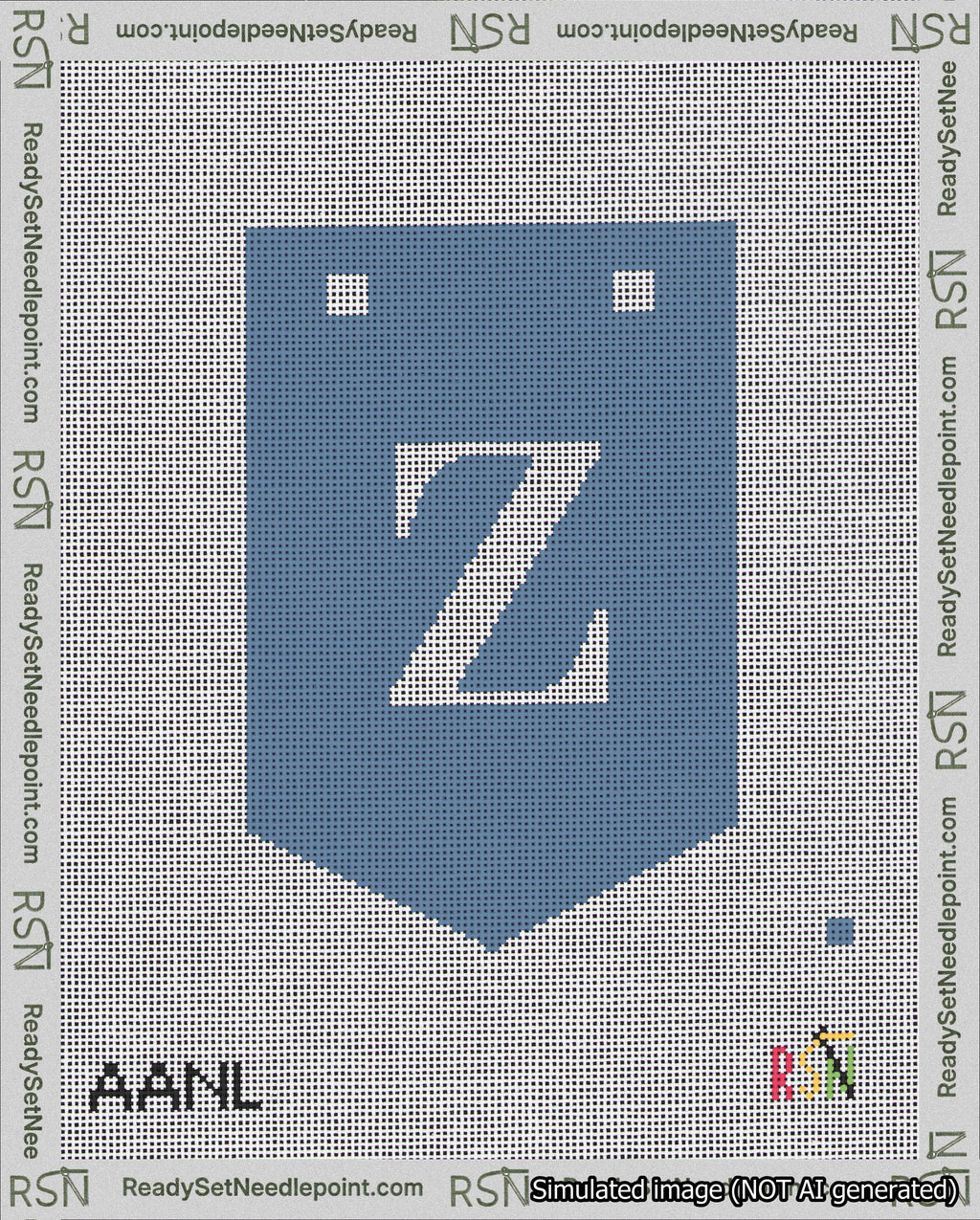 A taped needlepoint canvas with the design: Banner 18 mesh count Pointed Z White on Blue.