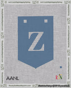 A taped needlepoint canvas with the design: Banner 18 mesh count Pointed Z White on Blue.