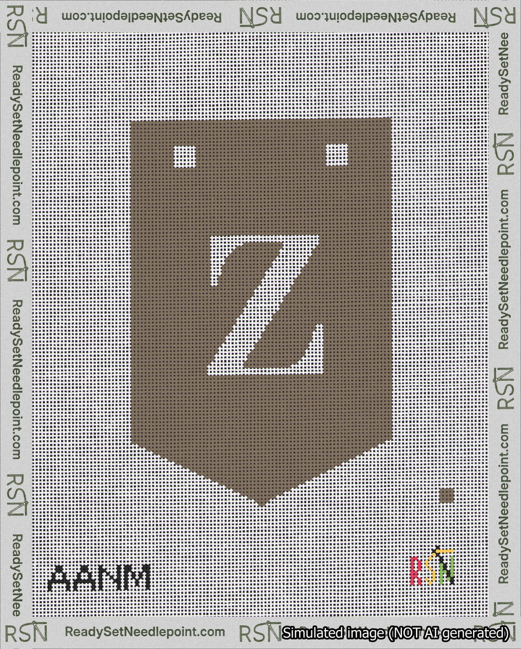 A taped needlepoint canvas with the design: Banner 18 mesh count Pointed Z White on Brown.