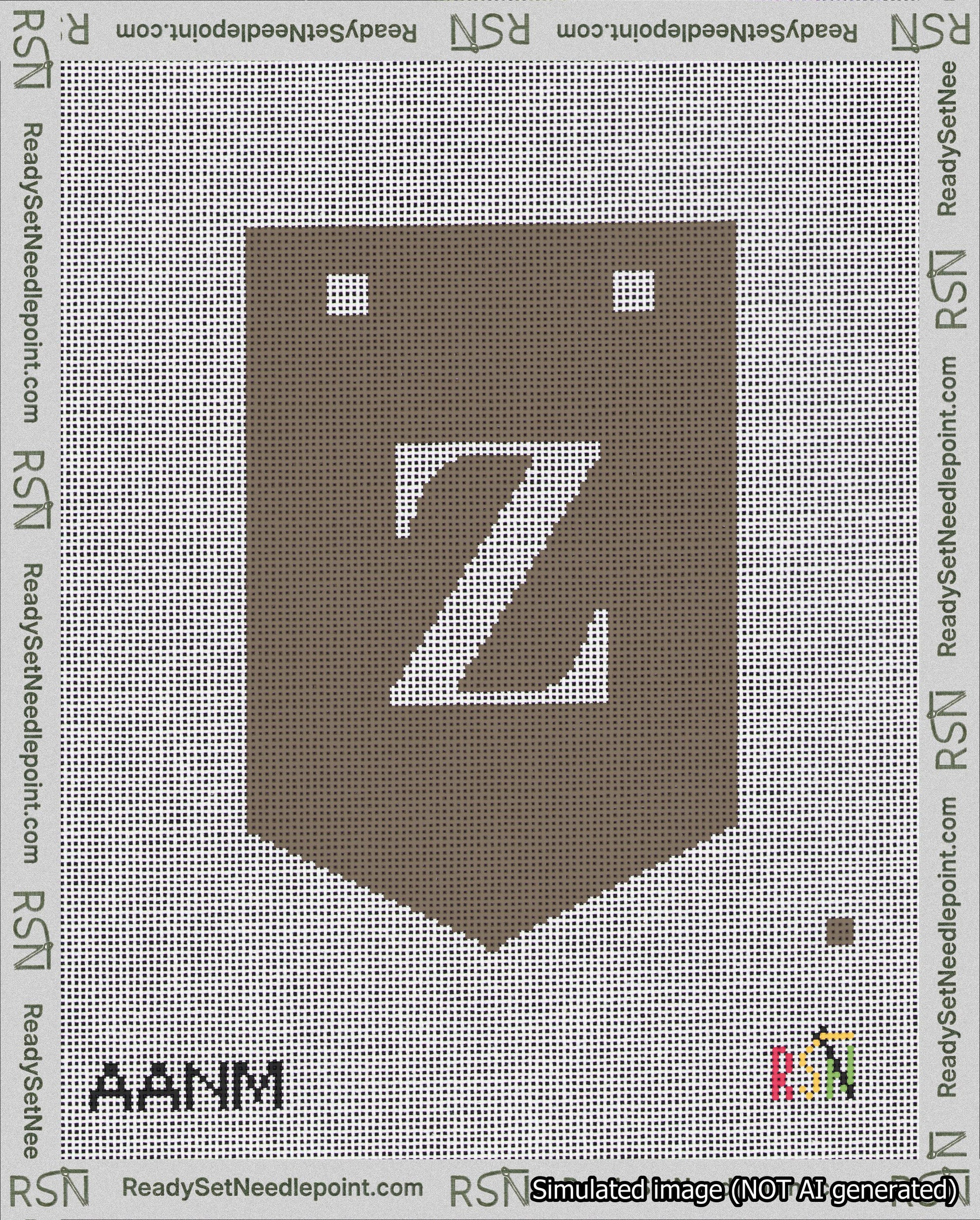 A taped needlepoint canvas with the design: Banner 18 mesh count Pointed Z White on Brown.