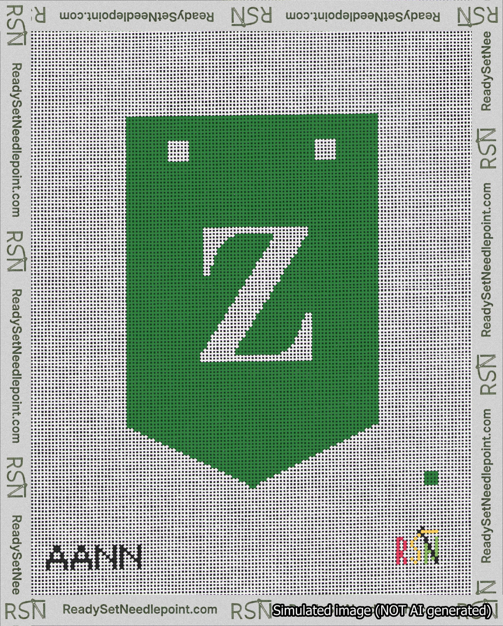 A taped needlepoint canvas with the design: Banner 18 mesh count Pointed Z White on Green.