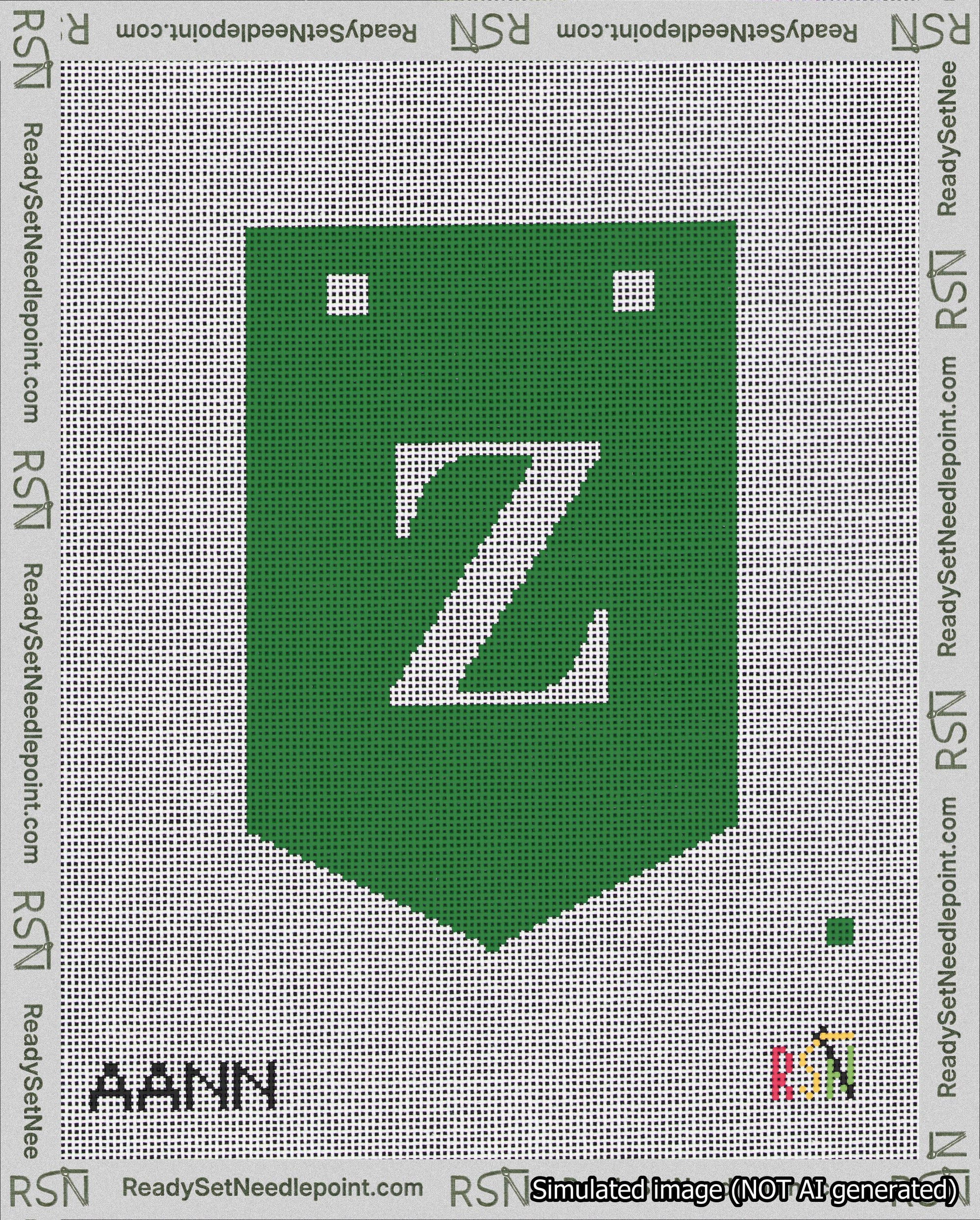 A taped needlepoint canvas with the design: Banner 18 mesh count Pointed Z White on Green.