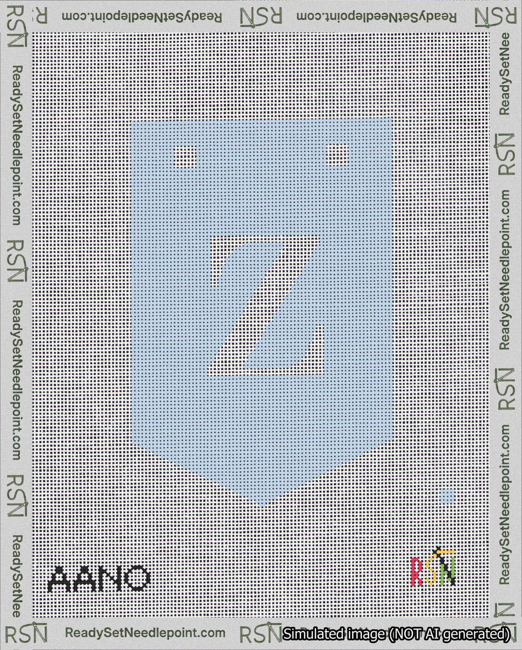 A taped needlepoint canvas with the design: Banner 18 mesh count Pointed Z White on Light Blue.