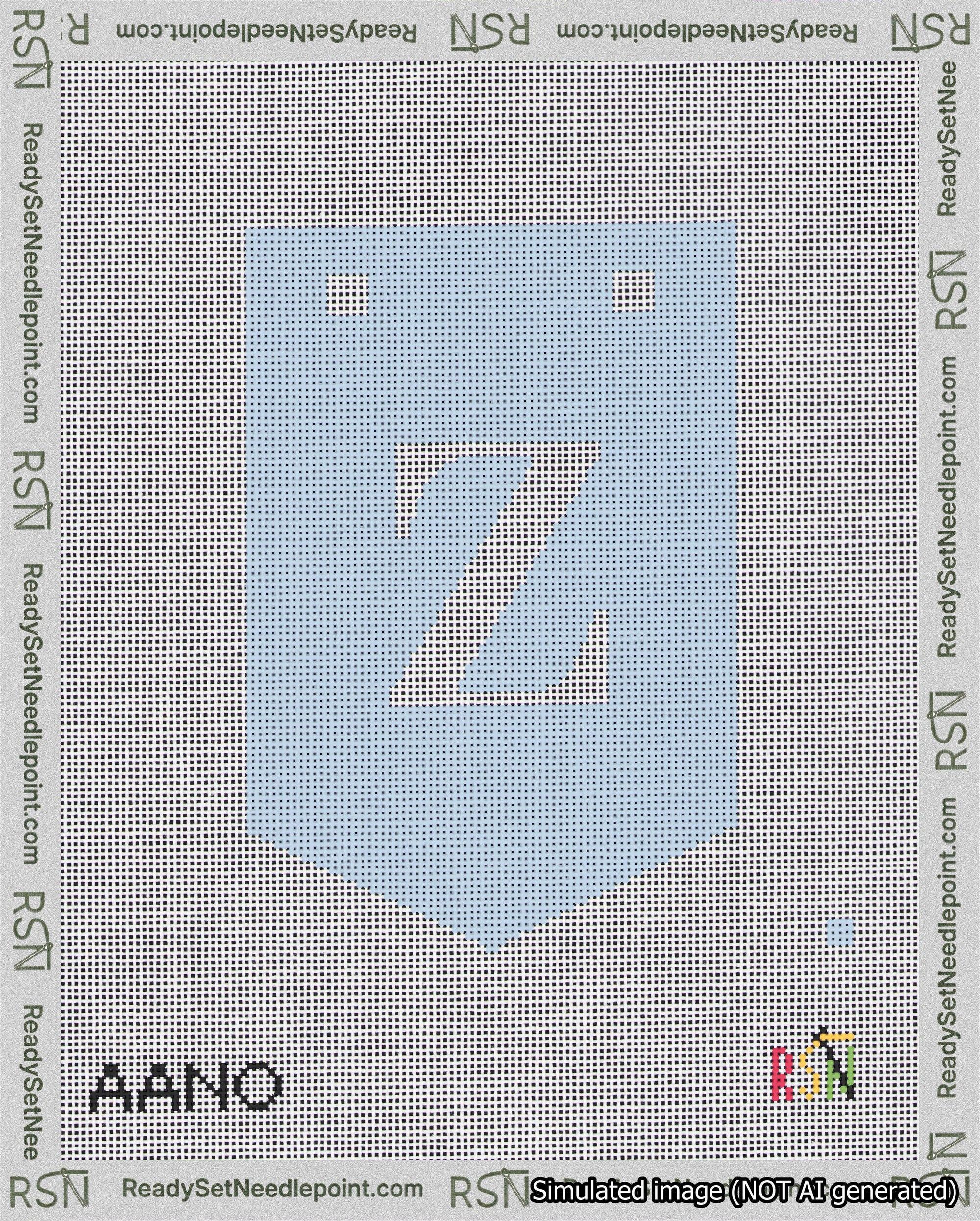 A taped needlepoint canvas with the design: Banner 18 mesh count Pointed Z White on Light Blue.
