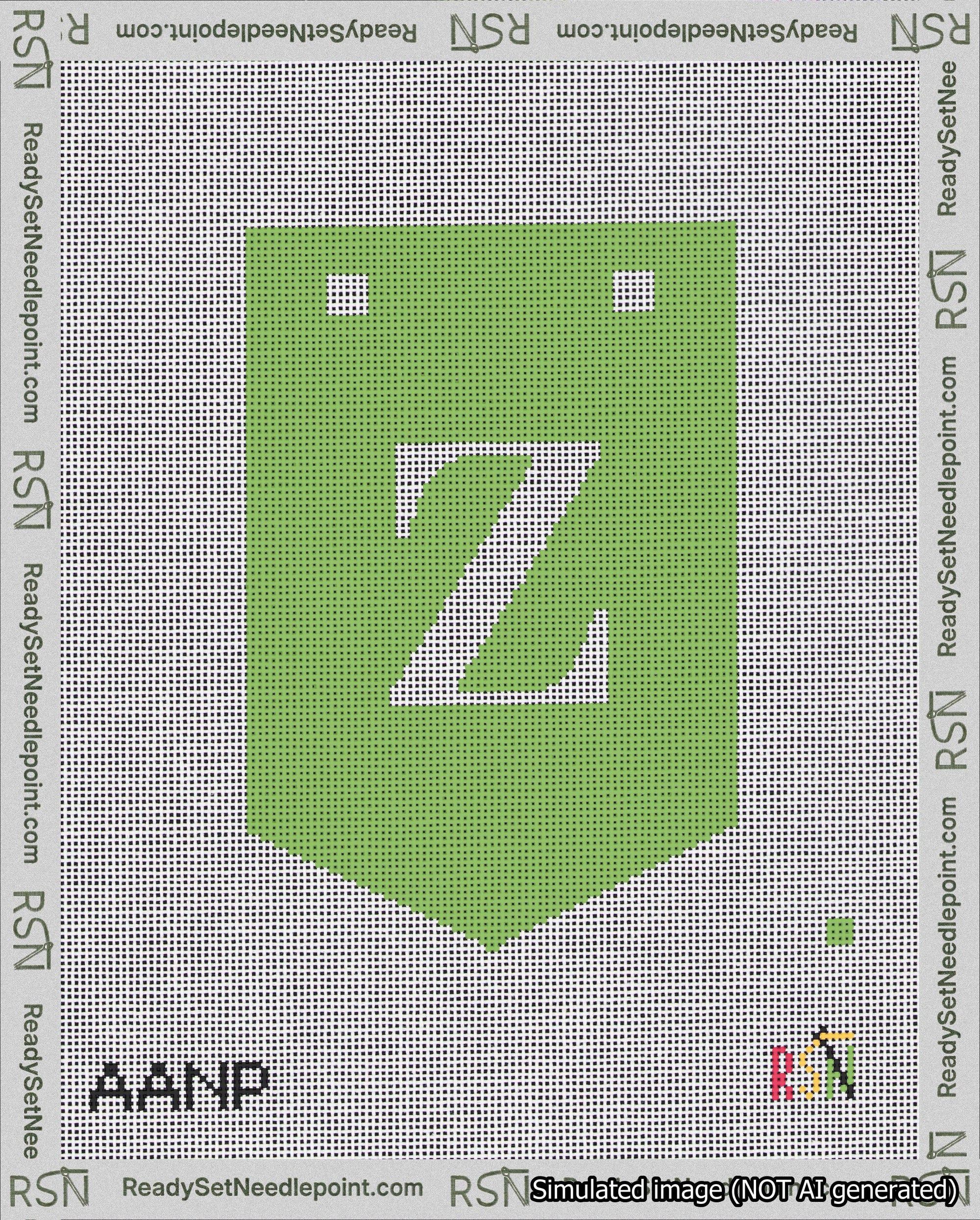 A taped needlepoint canvas with the design: Banner 18 mesh count Pointed Z White on Light Green.