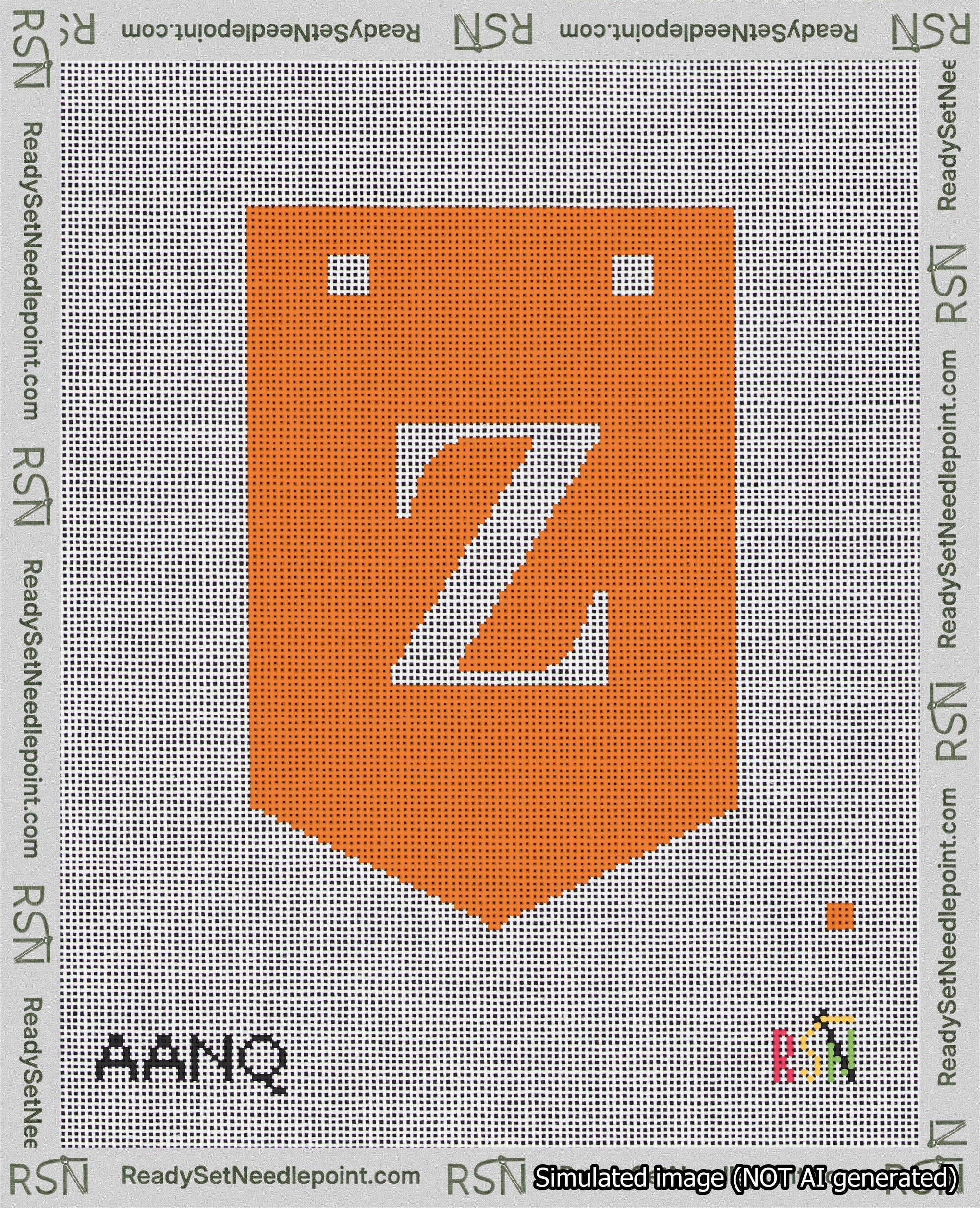 A taped needlepoint canvas with the design: Banner 18 mesh count Pointed Z White on Orange.