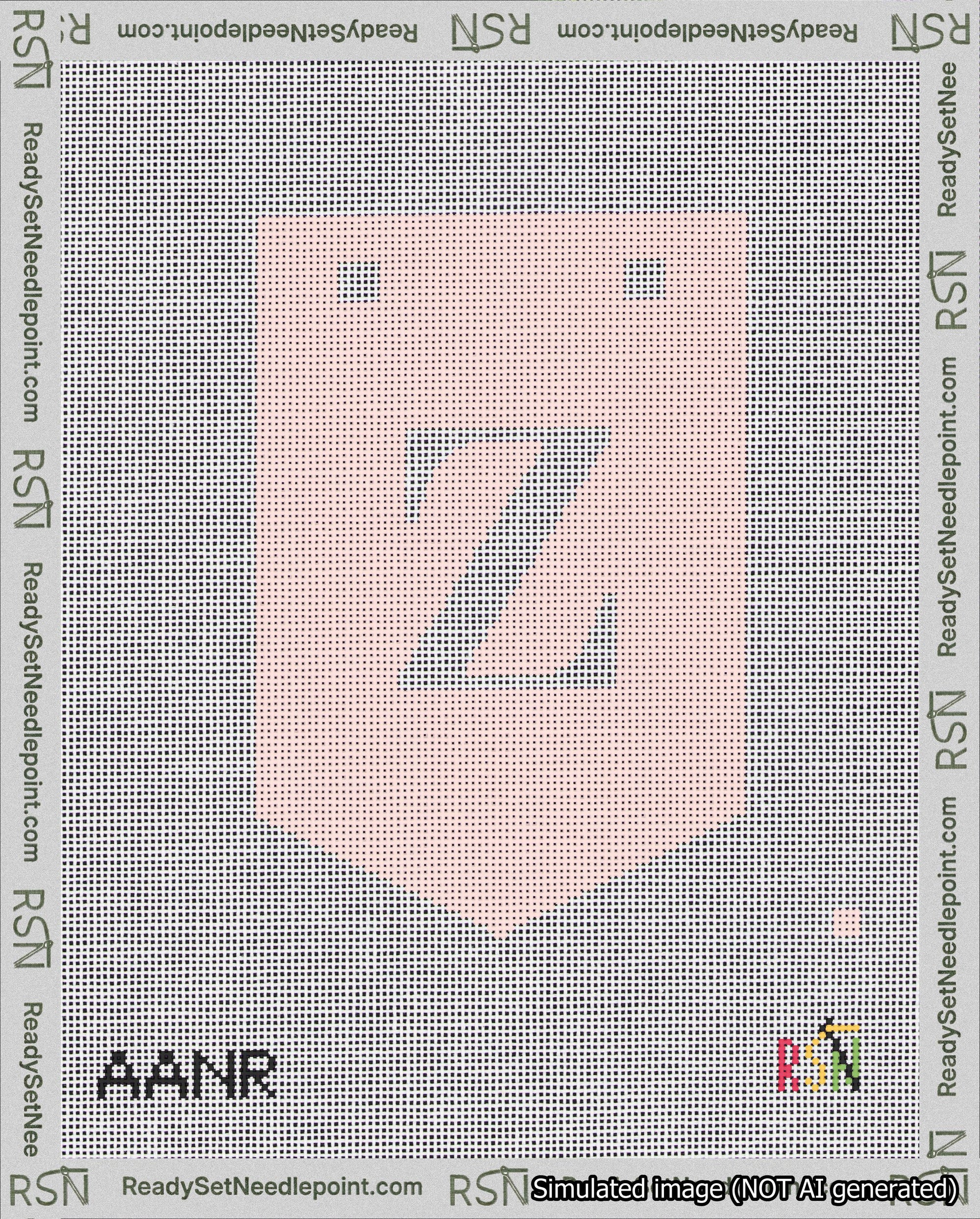A taped needlepoint canvas with the design: Banner 18 mesh count Pointed Z White on Pink.