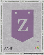 A taped needlepoint canvas with the design: Banner 18 mesh count Pointed Z White on Purple.