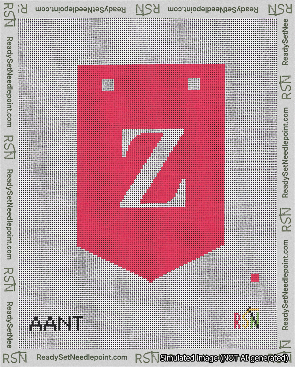 A taped needlepoint canvas with the design: Banner 18 mesh count Pointed Z White on Red.