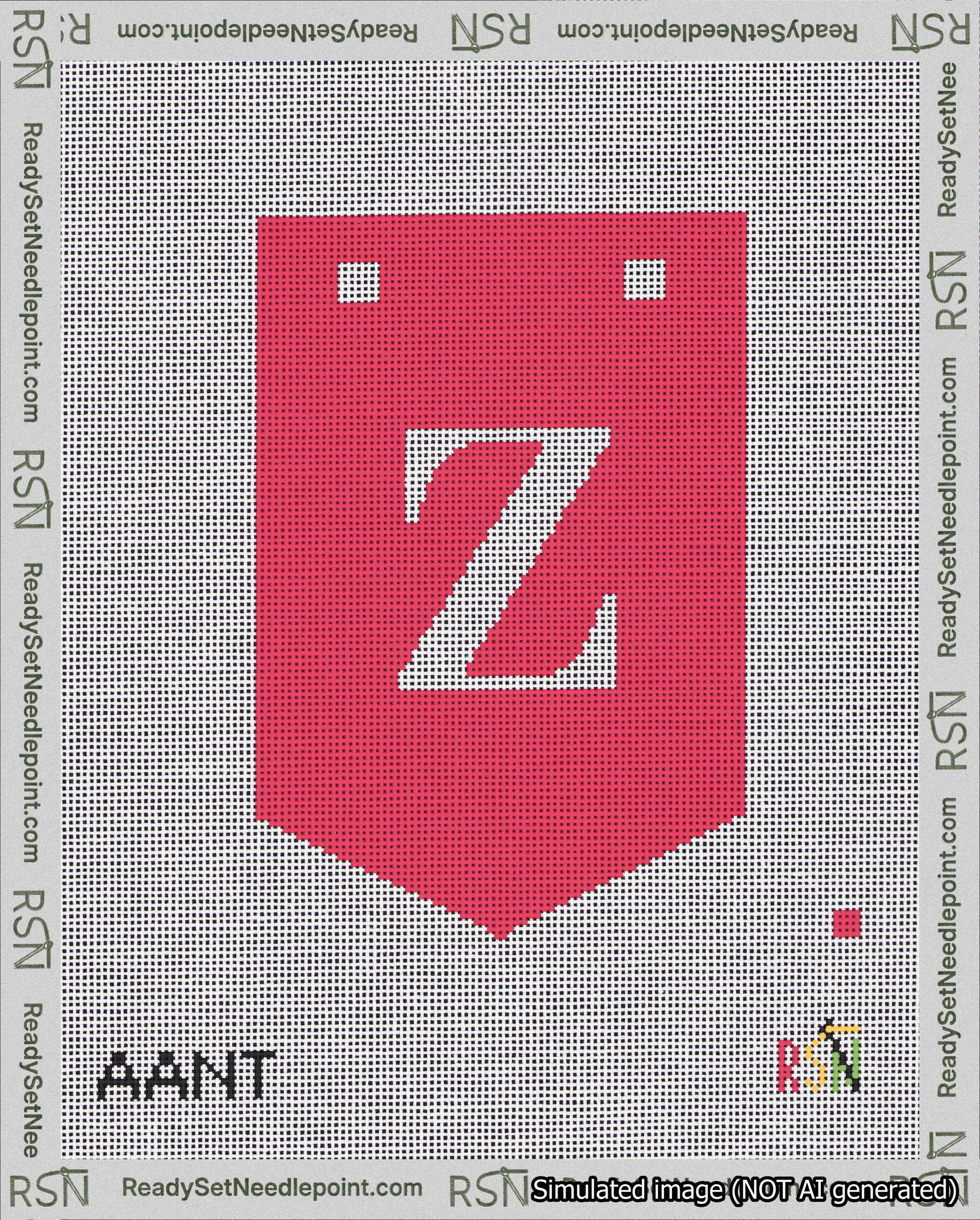 A taped needlepoint canvas with the design: Banner 18 mesh count Pointed Z White on Red.