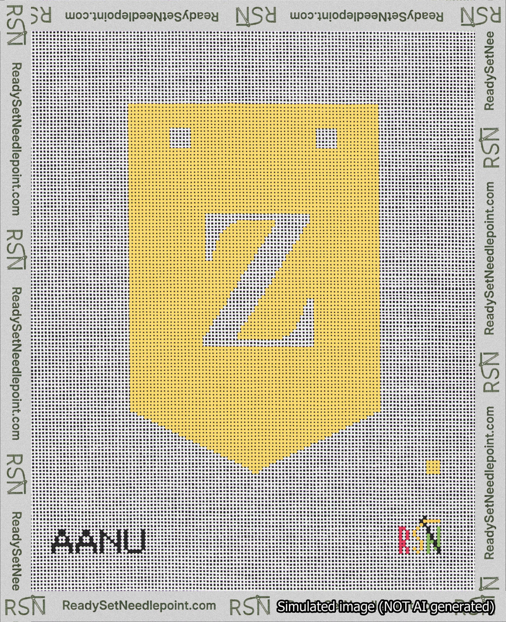 A taped needlepoint canvas with the design: Banner 18 mesh count Pointed Z White on Yellow.
