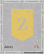 A taped needlepoint canvas with the design: Banner 18 mesh count Pointed Z White on Yellow.