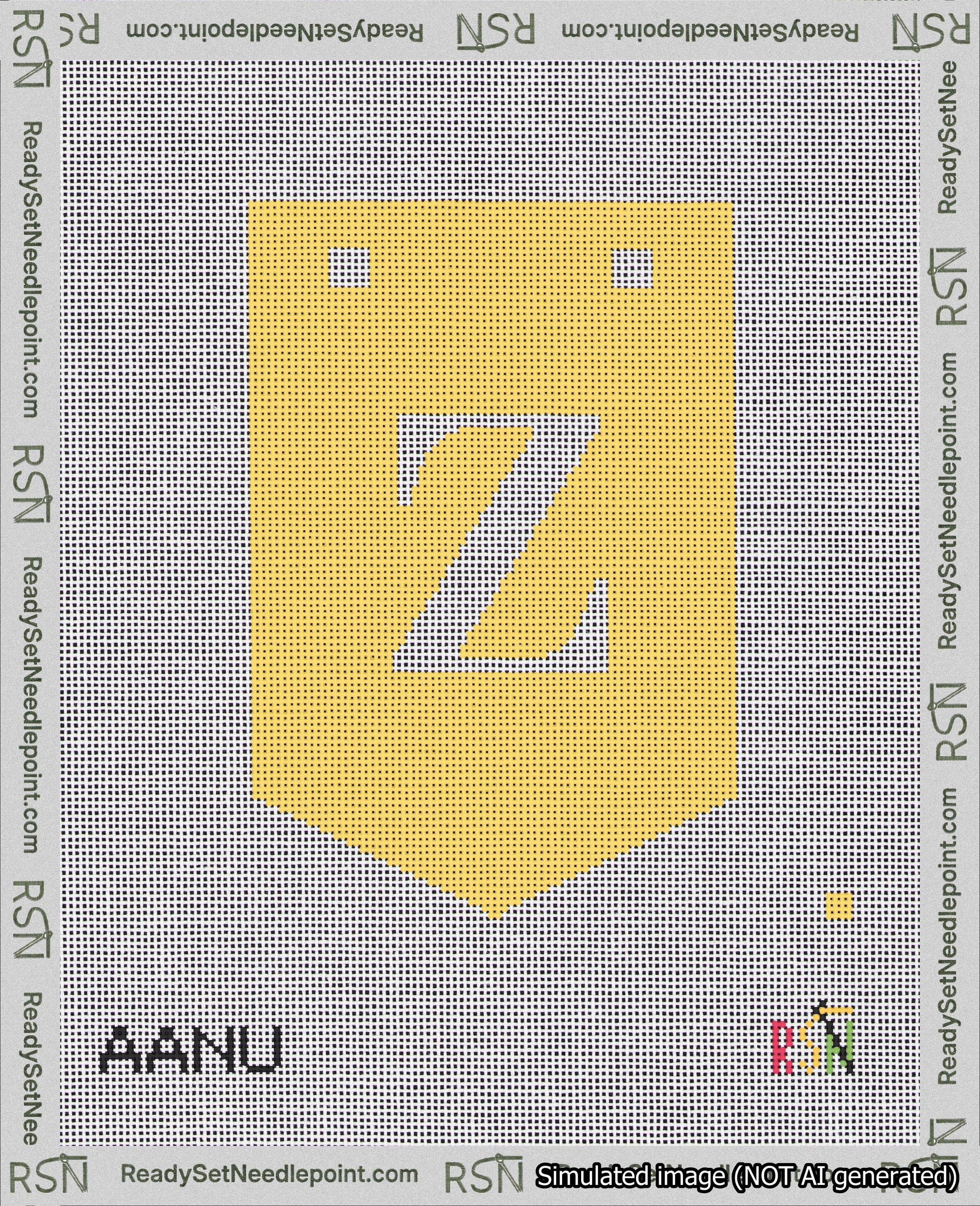 A taped needlepoint canvas with the design: Banner 18 mesh count Pointed Z White on Yellow.