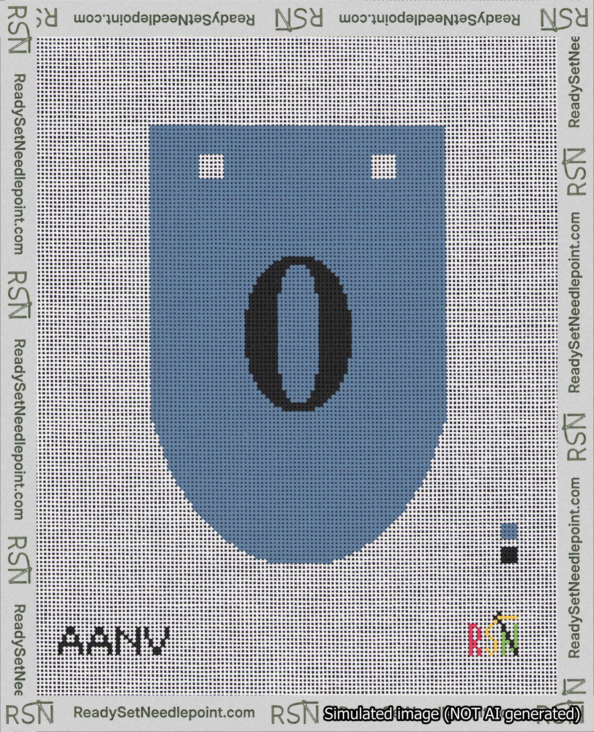 A taped needlepoint canvas with the design: Banner 18 mesh count Rounded 0 Black on Blue.