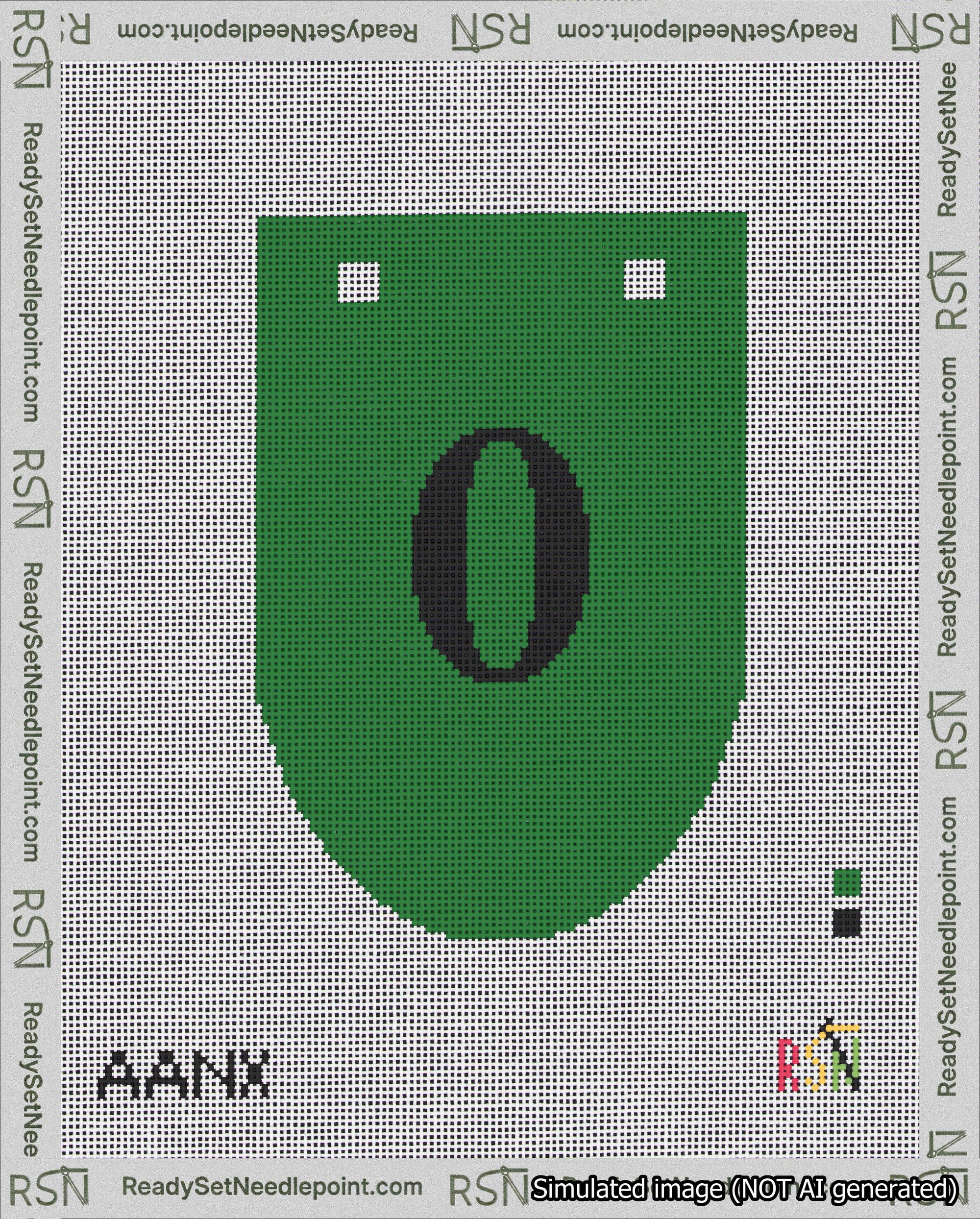 A taped needlepoint canvas with the design: Banner 18 mesh count Rounded 0 Black on Green.