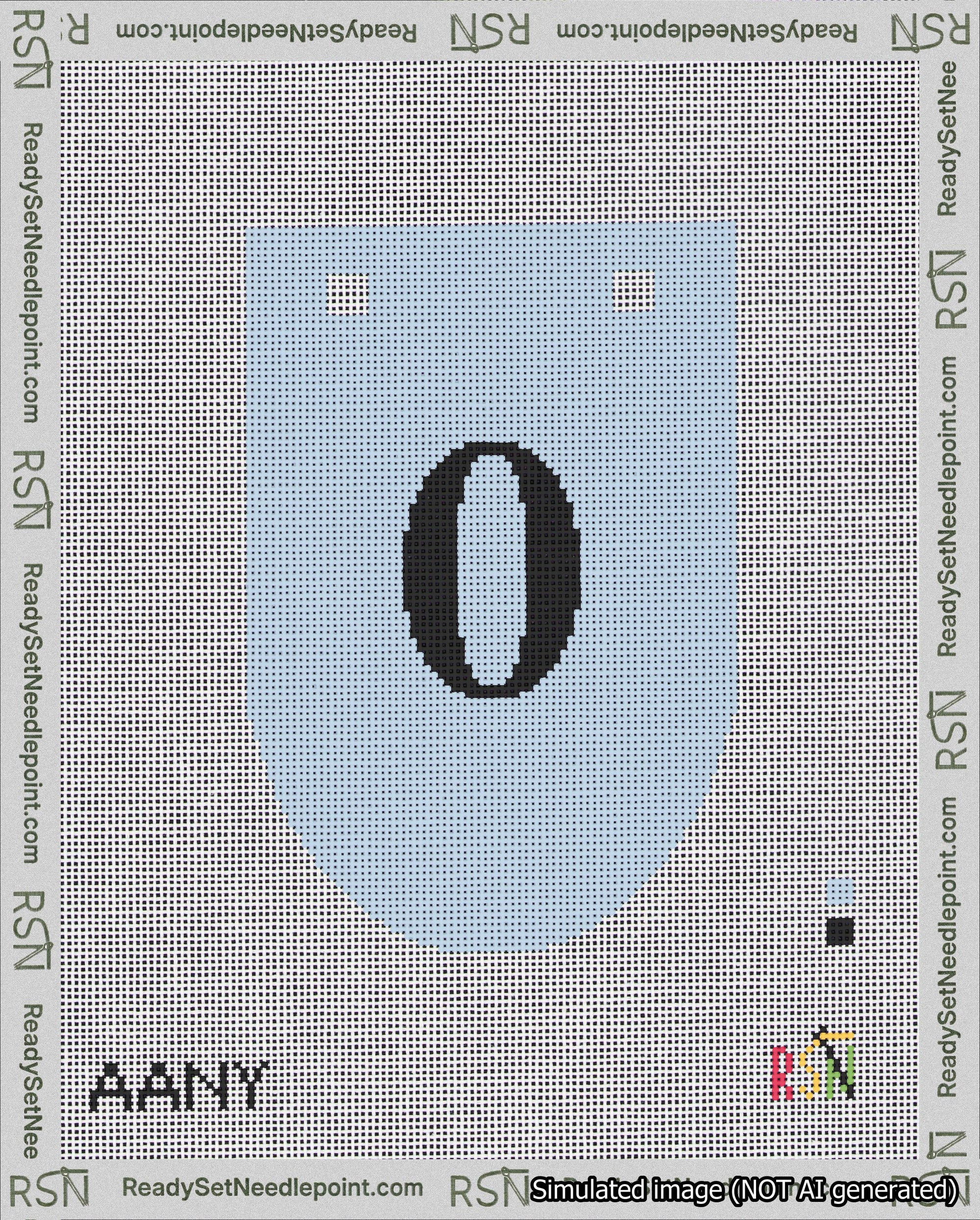 A taped needlepoint canvas with the design: Banner 18 mesh count Rounded 0 Black on Light Blue.