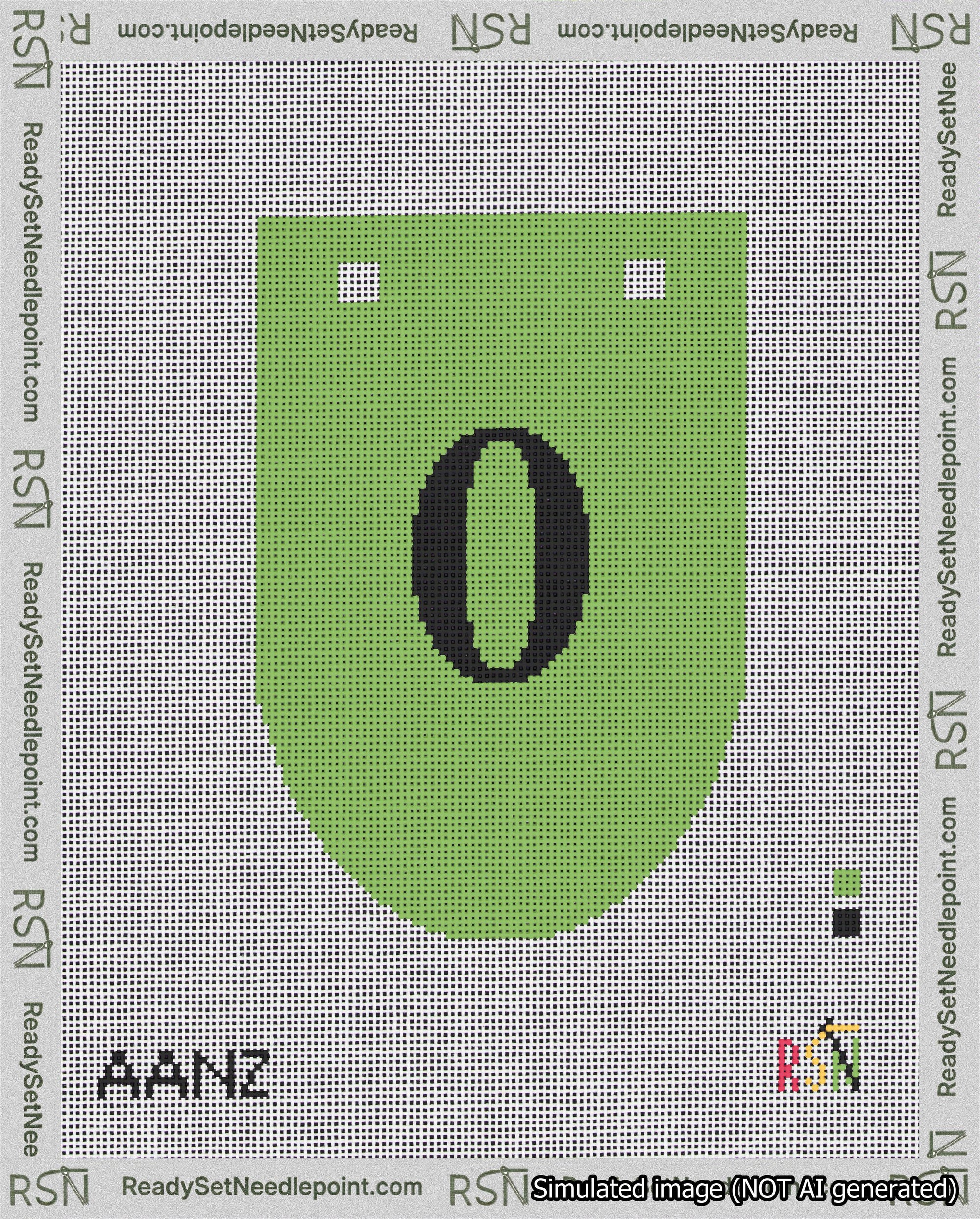 A taped needlepoint canvas with the design: Banner 18 mesh count Rounded 0 Black on Light Green.