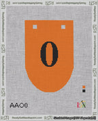A taped needlepoint canvas with the design: Banner 18 mesh count Rounded 0 Black on Orange.
