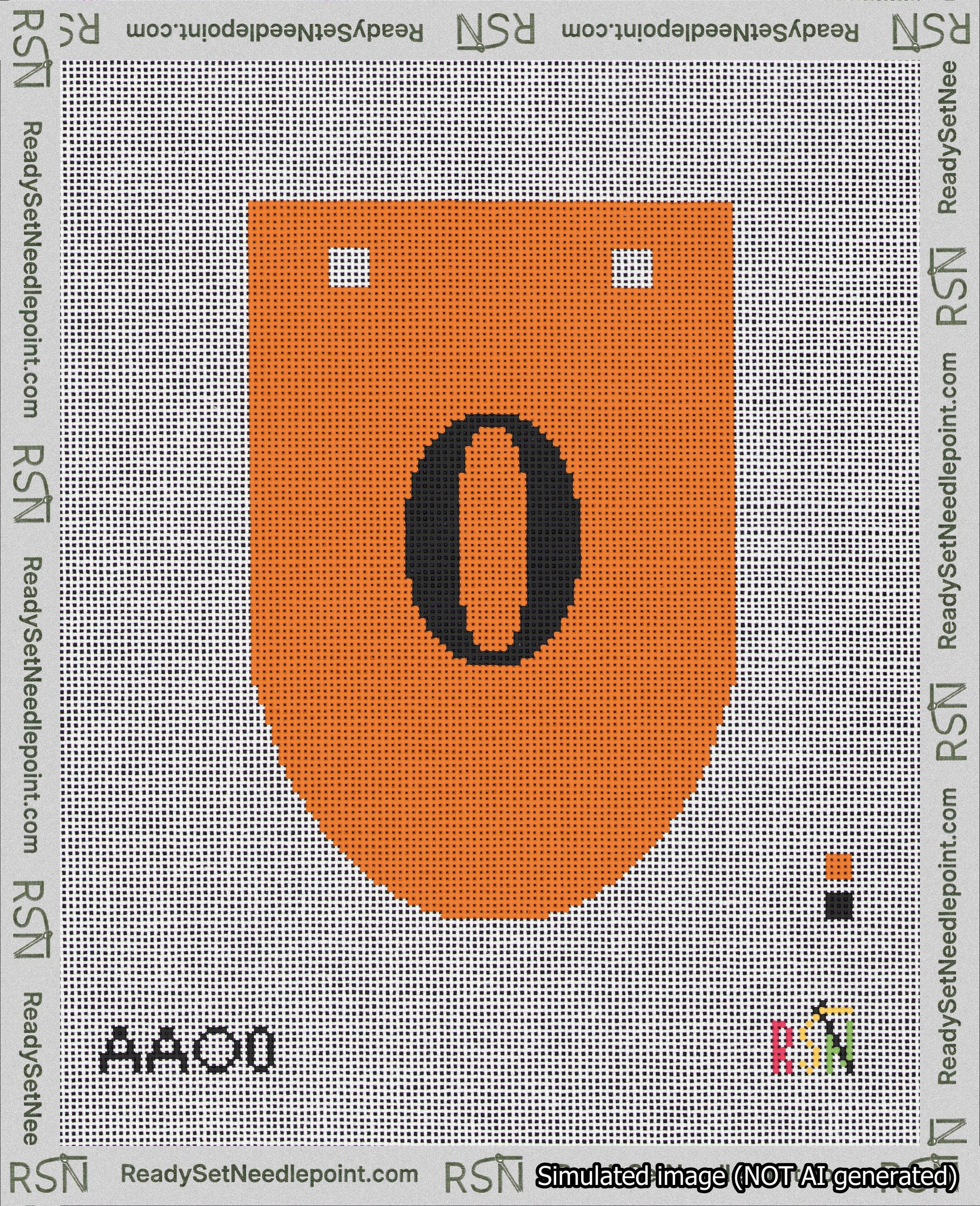 A taped needlepoint canvas with the design: Banner 18 mesh count Rounded 0 Black on Orange.