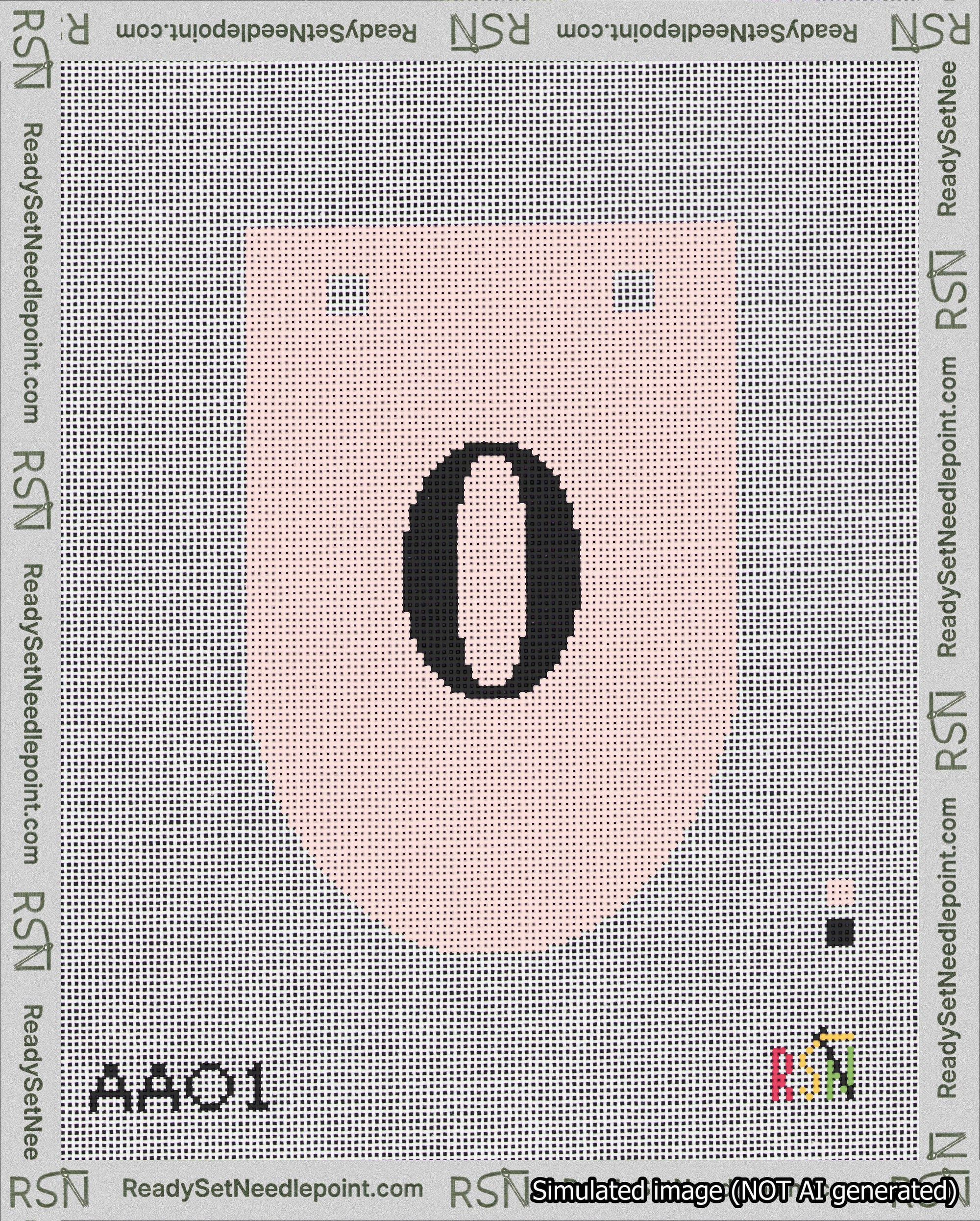 A taped needlepoint canvas with the design: Banner 18 mesh count Rounded 0 Black on Pink.