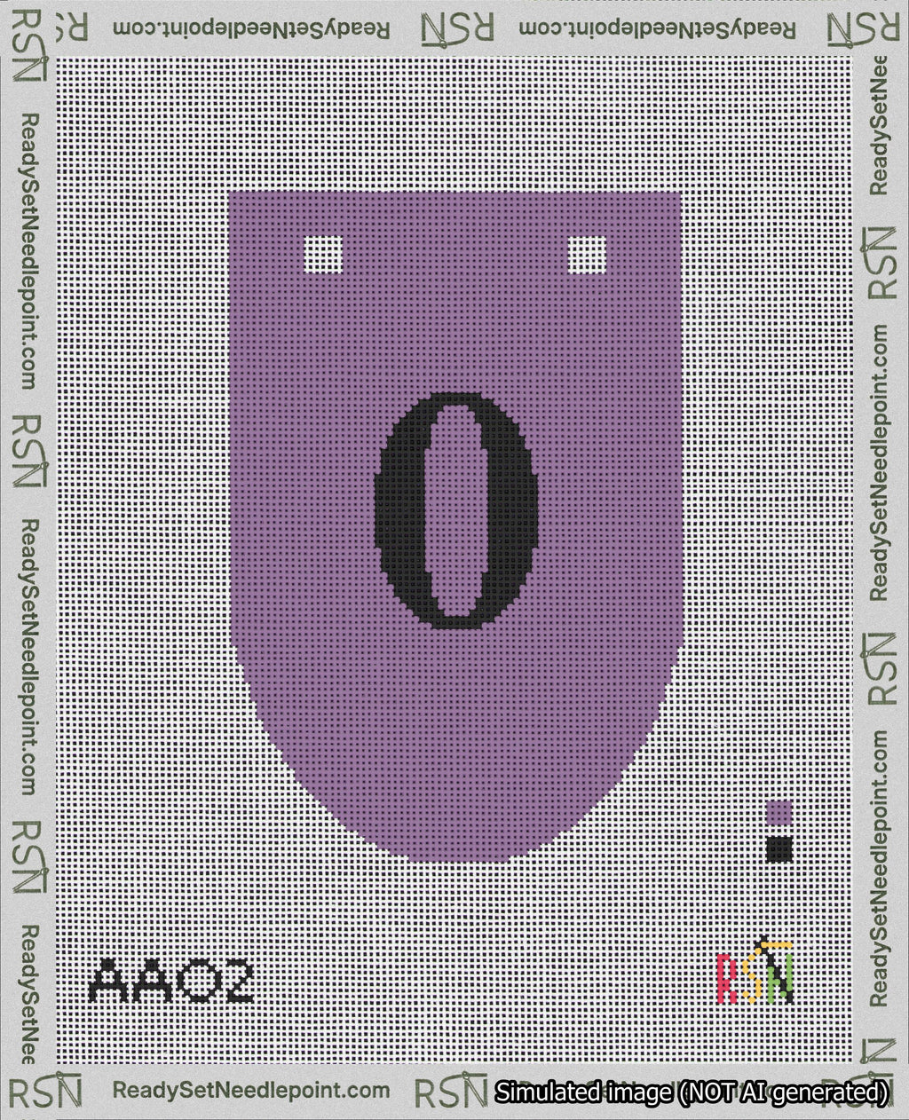 A taped needlepoint canvas with the design: Banner 18 mesh count Rounded 0 Black on Purple.