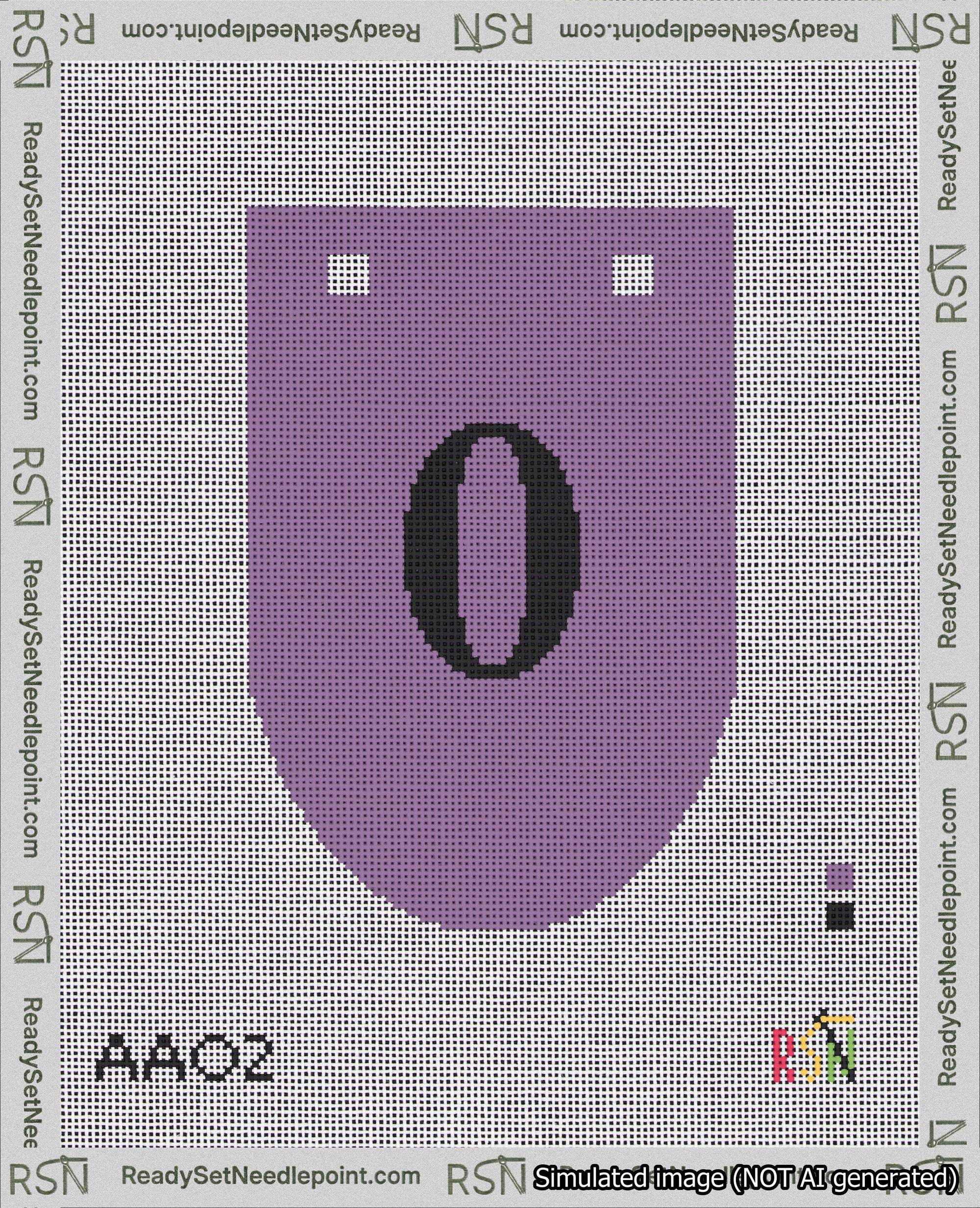 A taped needlepoint canvas with the design: Banner 18 mesh count Rounded 0 Black on Purple.