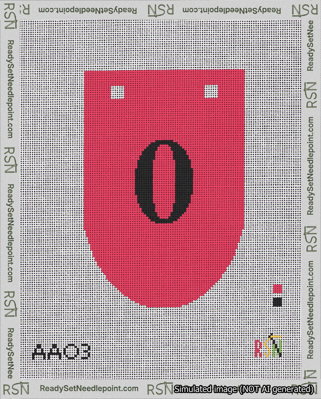 A taped needlepoint canvas with the design: Banner 18 mesh count Rounded 0 Black on Red.