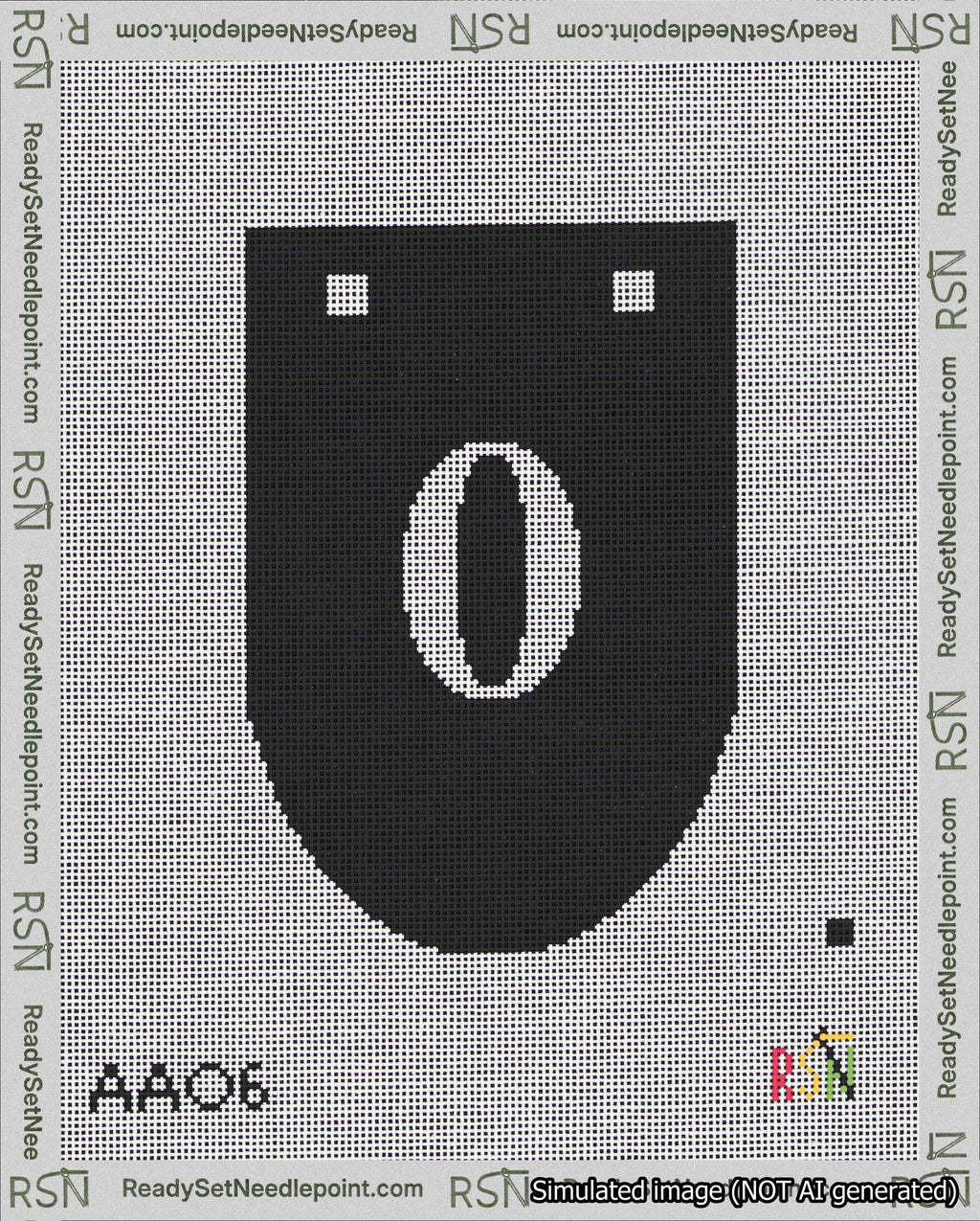 A taped needlepoint canvas with the design: Banner 18 mesh count Rounded 0 White on Black.