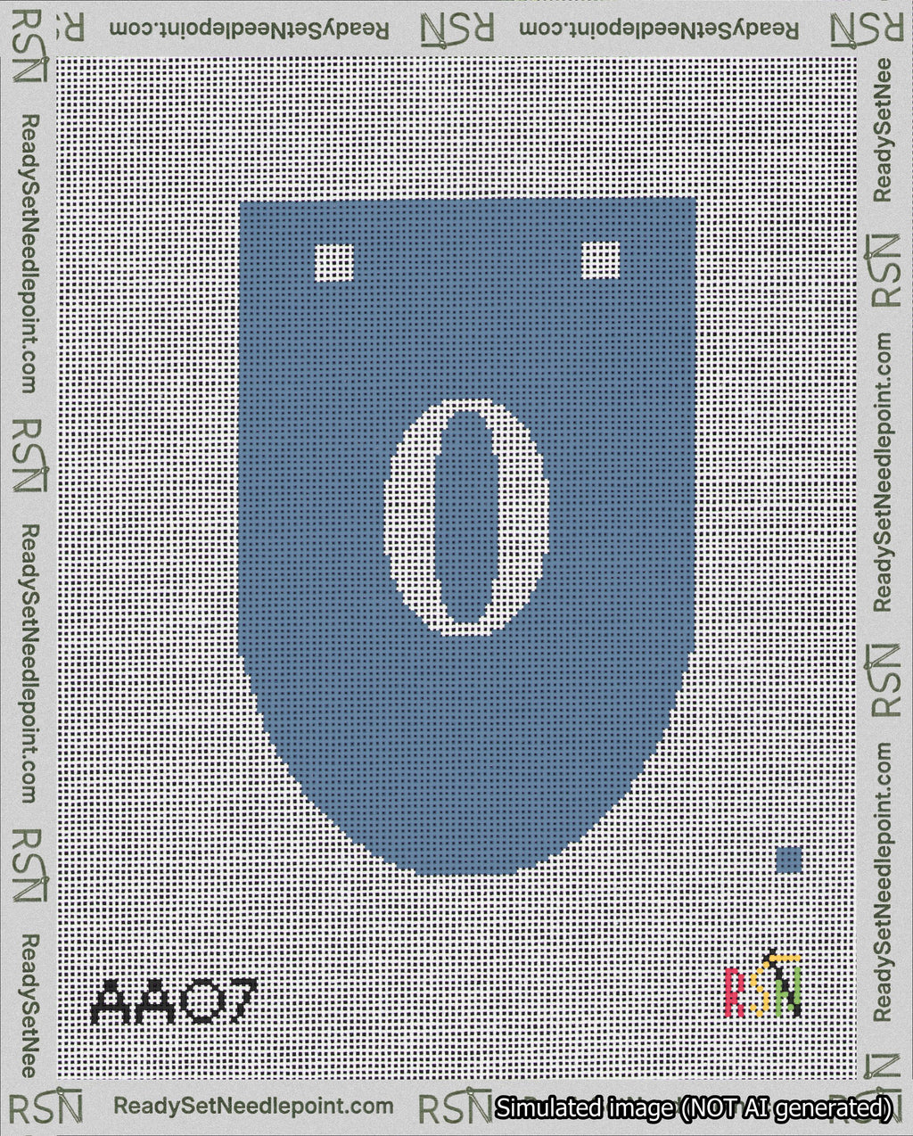 A taped needlepoint canvas with the design: Banner 18 mesh count Rounded 0 White on Blue.